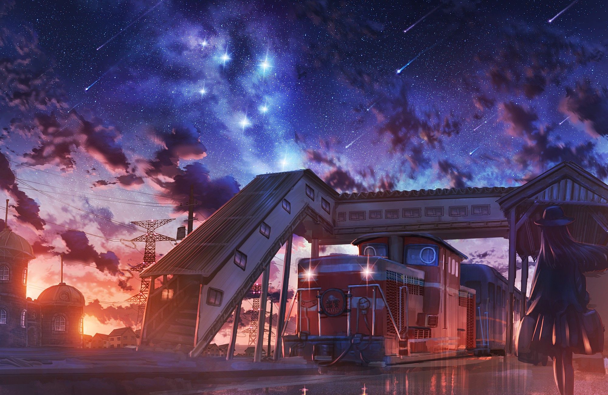 Anime girl with luggage at train station under starry sky HD Wallpaper