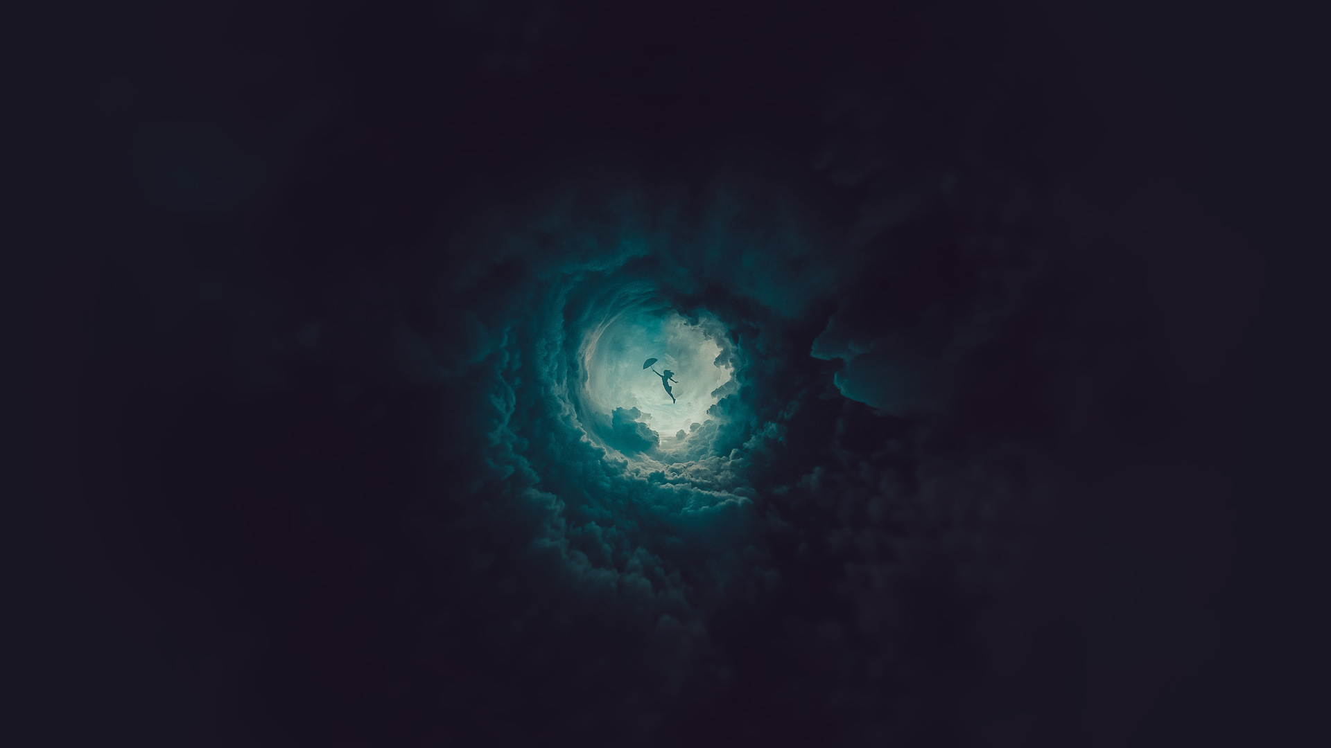 Child with umbrella falling through clouds HD Wallpaper