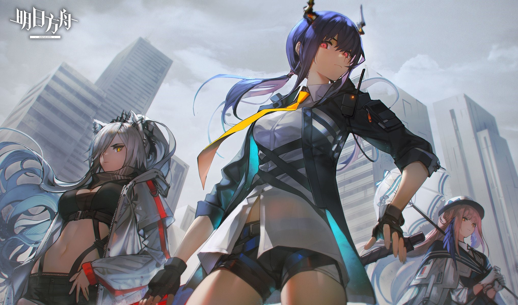 Arknights characters Chen, Schwarz, and Ceylon in a city HD Wallpaper