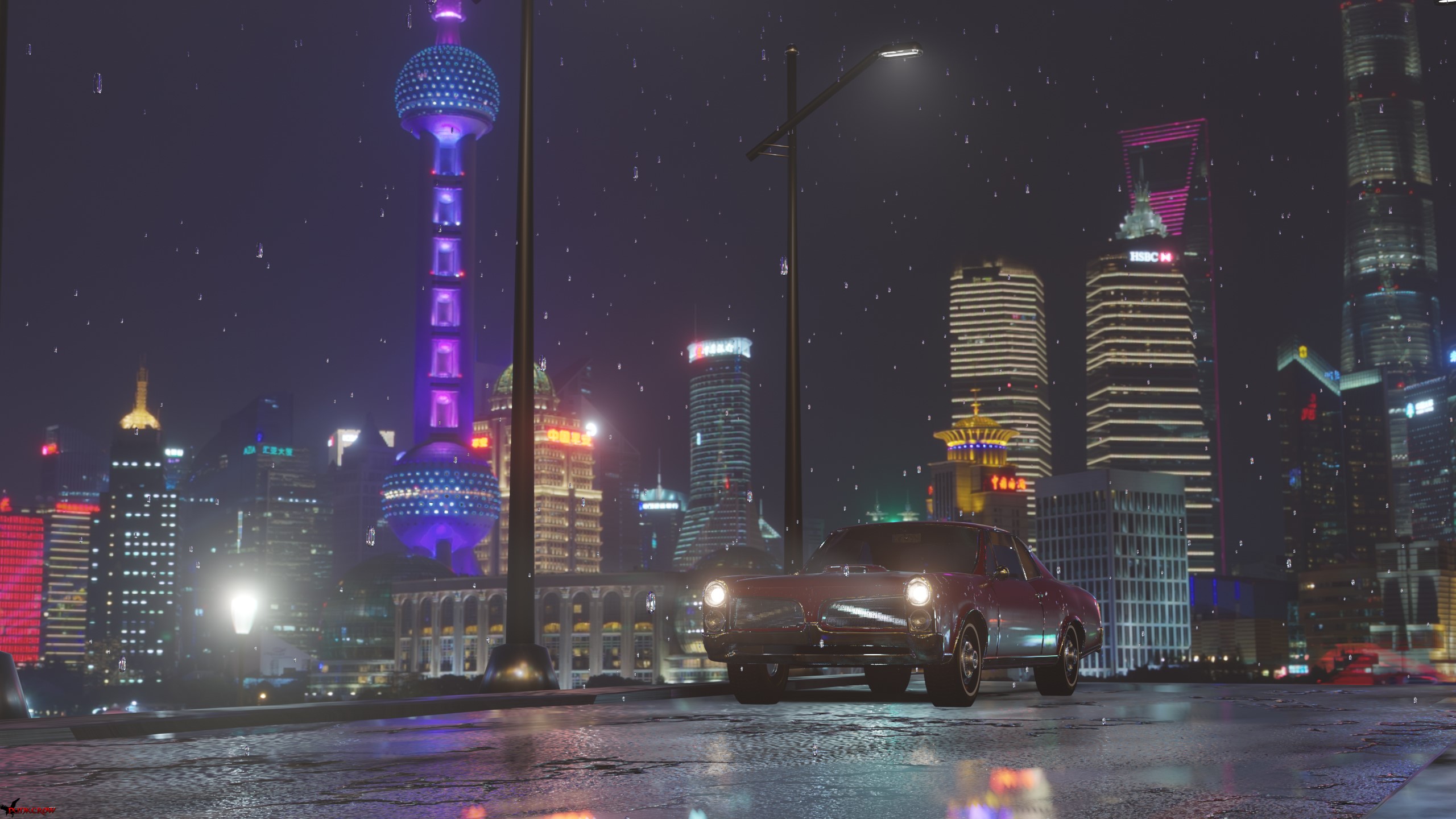 Pontiac GTO driving through Shanghai at night in the rain HD Wallpaper