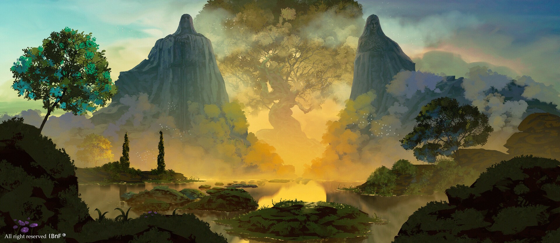 Fantasy landscape with mountains, trees, and a lake HD Wallpaper