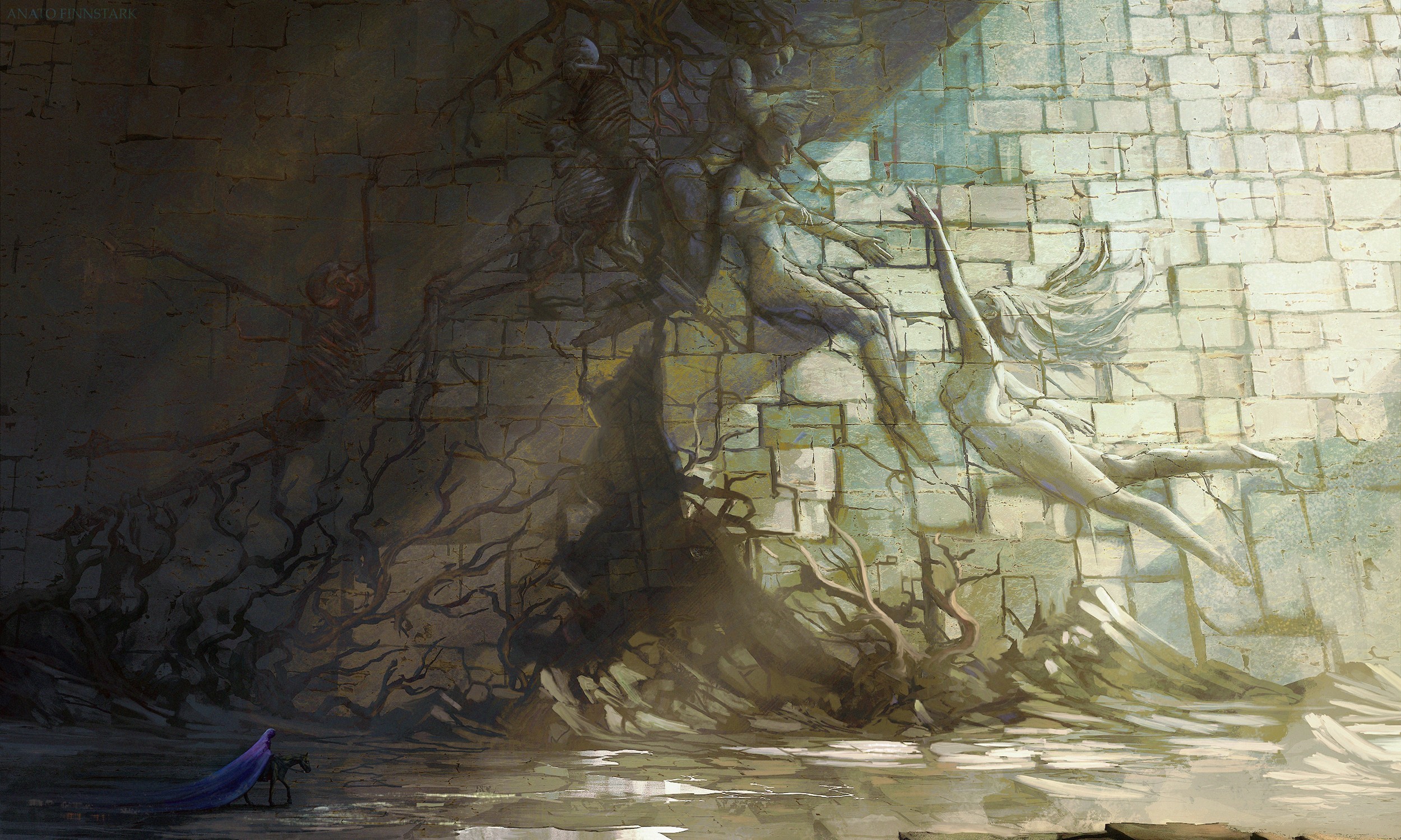 Fantasy art of figures on a stone wall HD Wallpaper