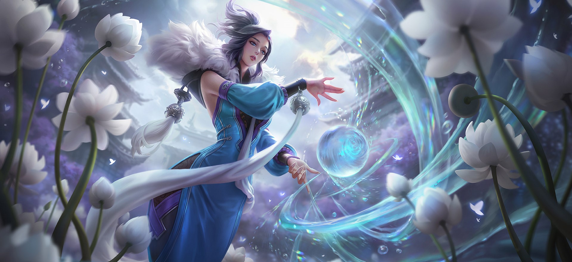 Anime girl with white flowers and magic HD Wallpaper