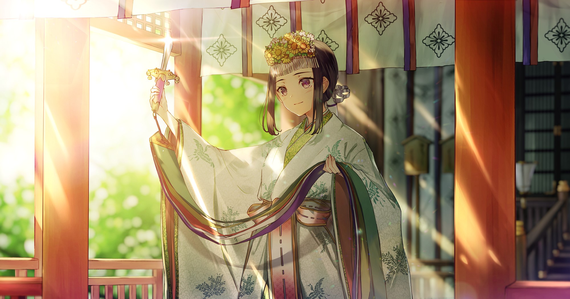 Miko in traditional Japanese attire holding a sword HD Wallpaper