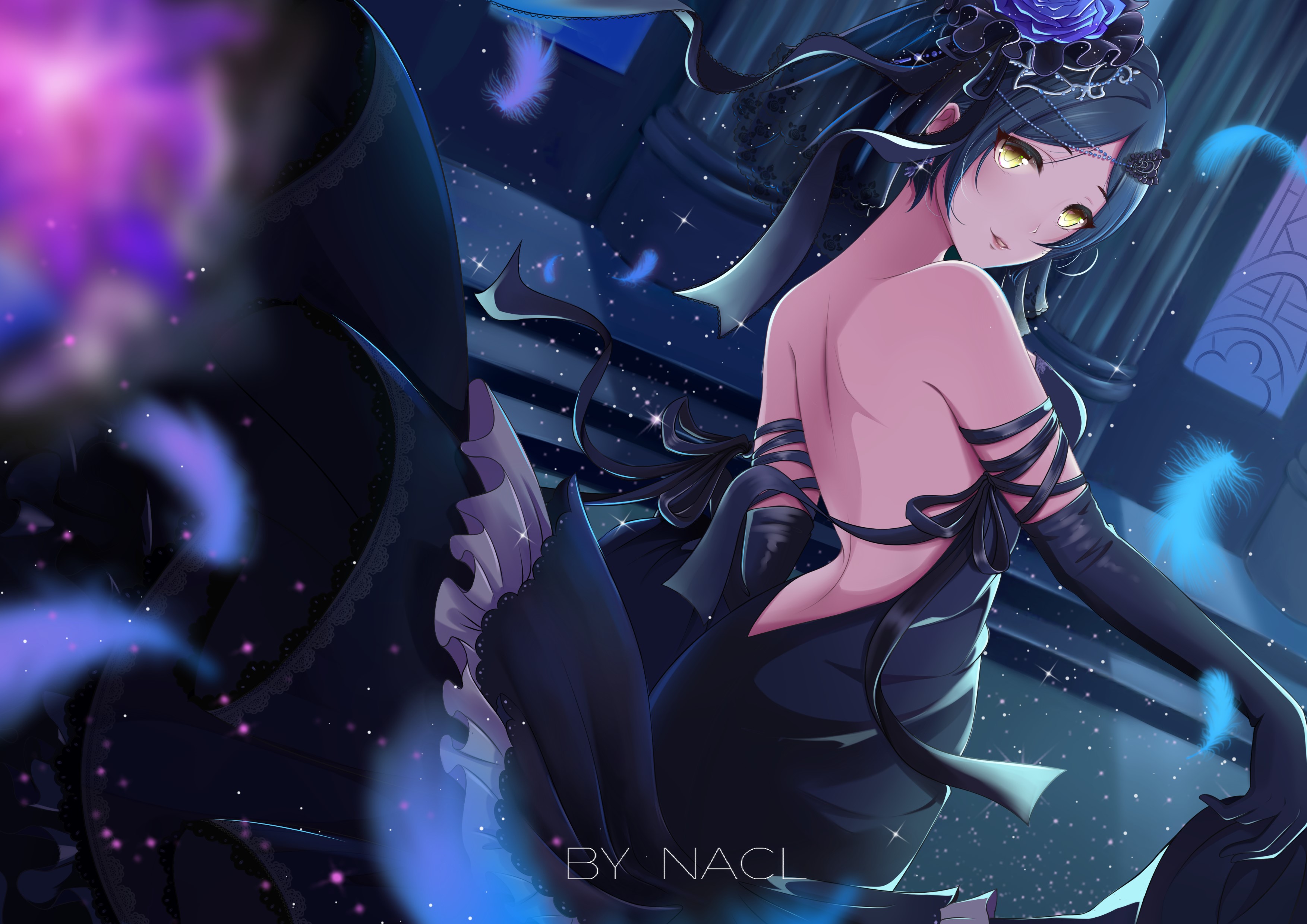 Anime girl with yellow eyes in a black dress HD Wallpaper