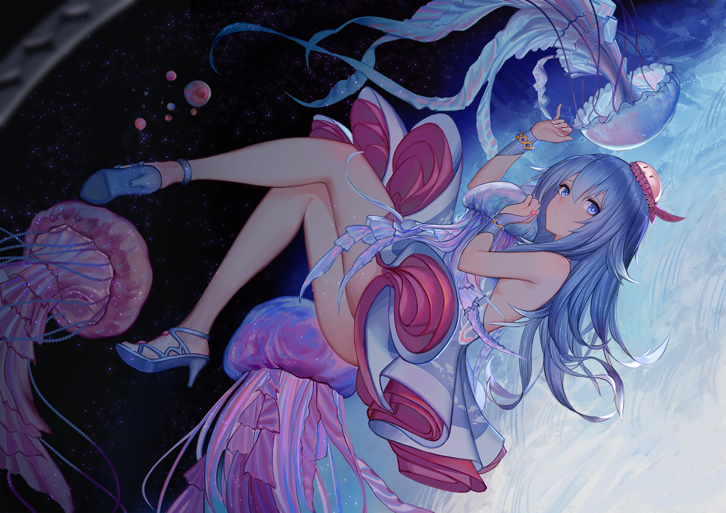 Anime girl with blue hair and eyes with jellyfish HD Wallpaper
