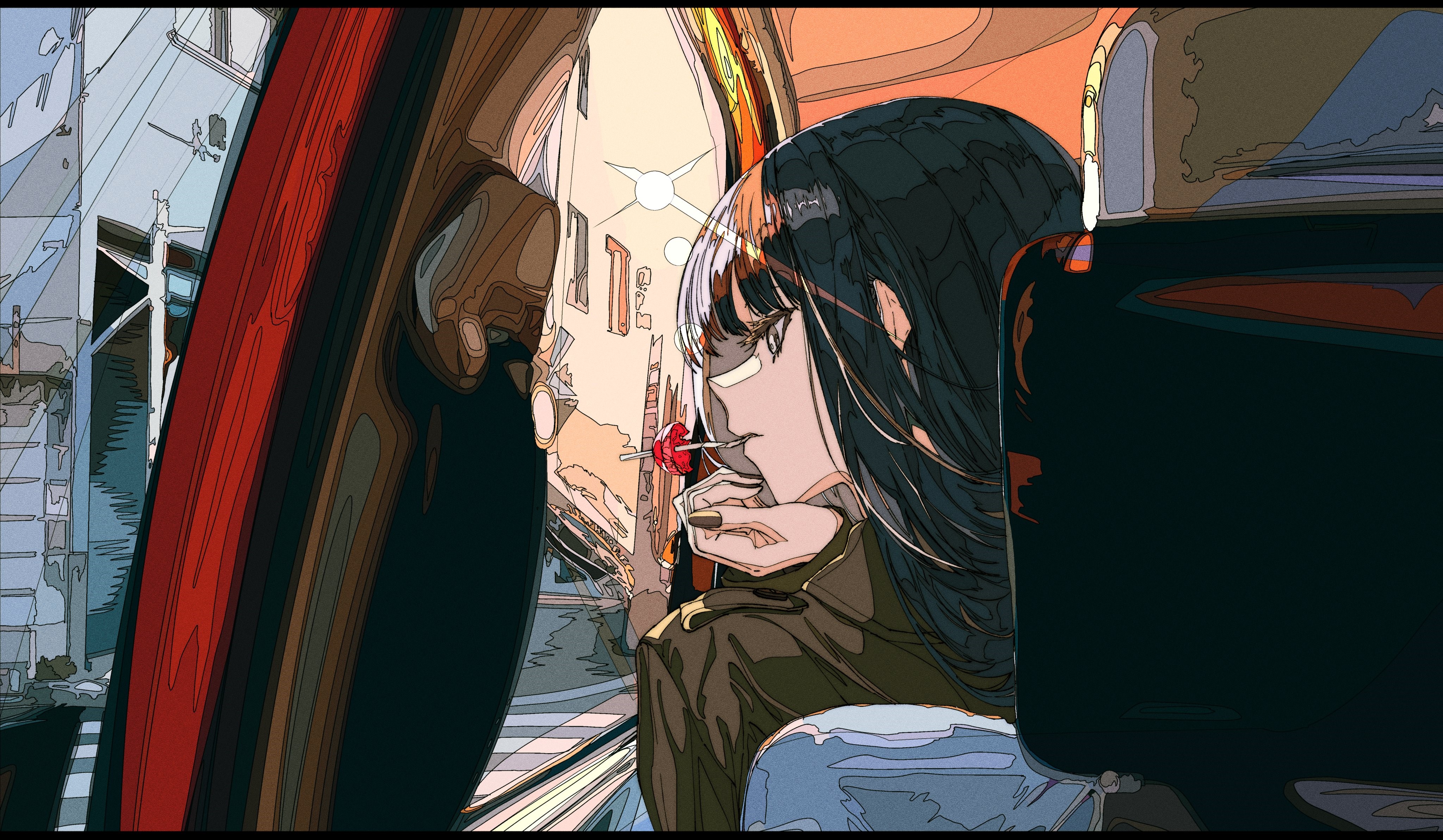 Anime girl with lollipop in car at sunset HD Wallpaper