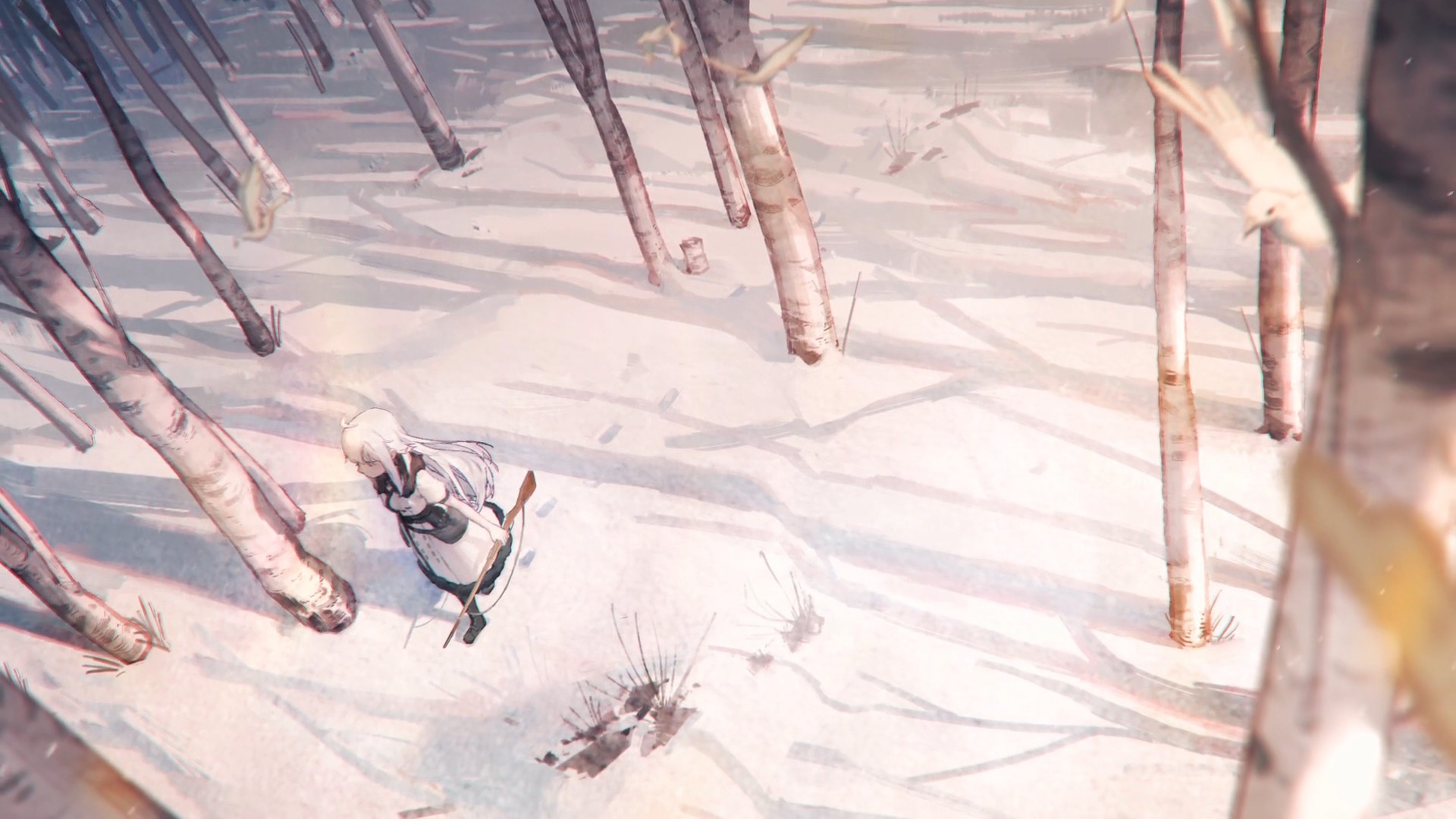 Anime girl with bow in snowy forest, Reverse Collapse: Code Name Bakery HD Wallpaper