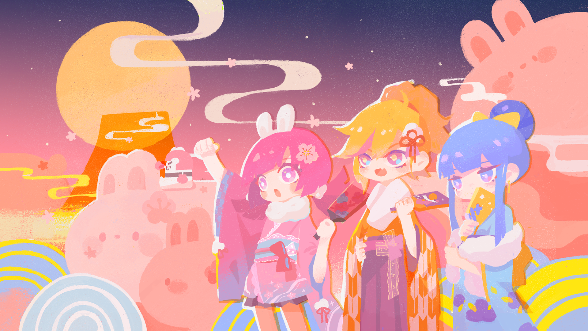 Anime girls in kimonos with Mount Fuji and moon HD Wallpaper