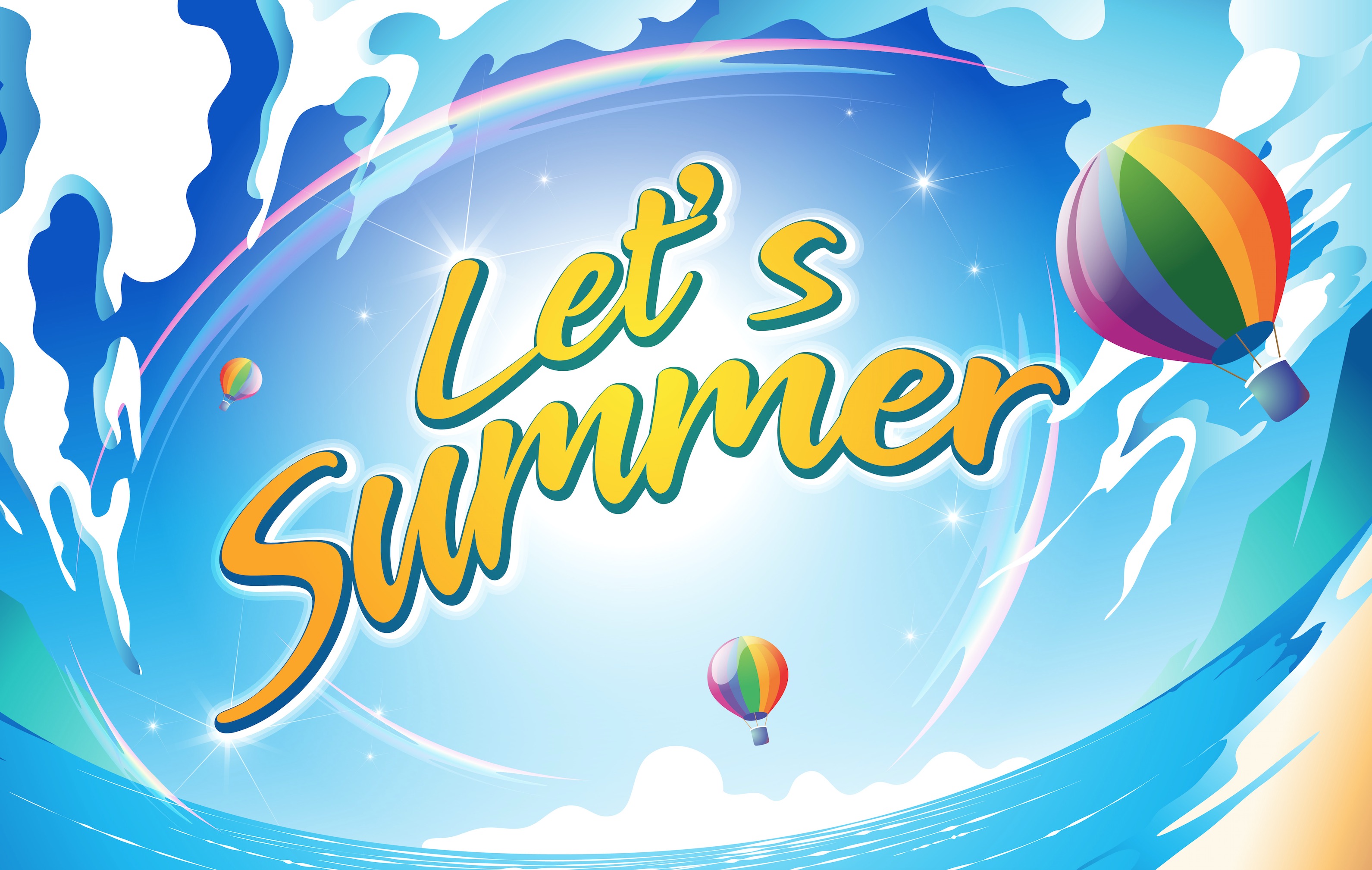 Let's Summer Hot Air Balloon Rainbow Waves HD Wallpaper