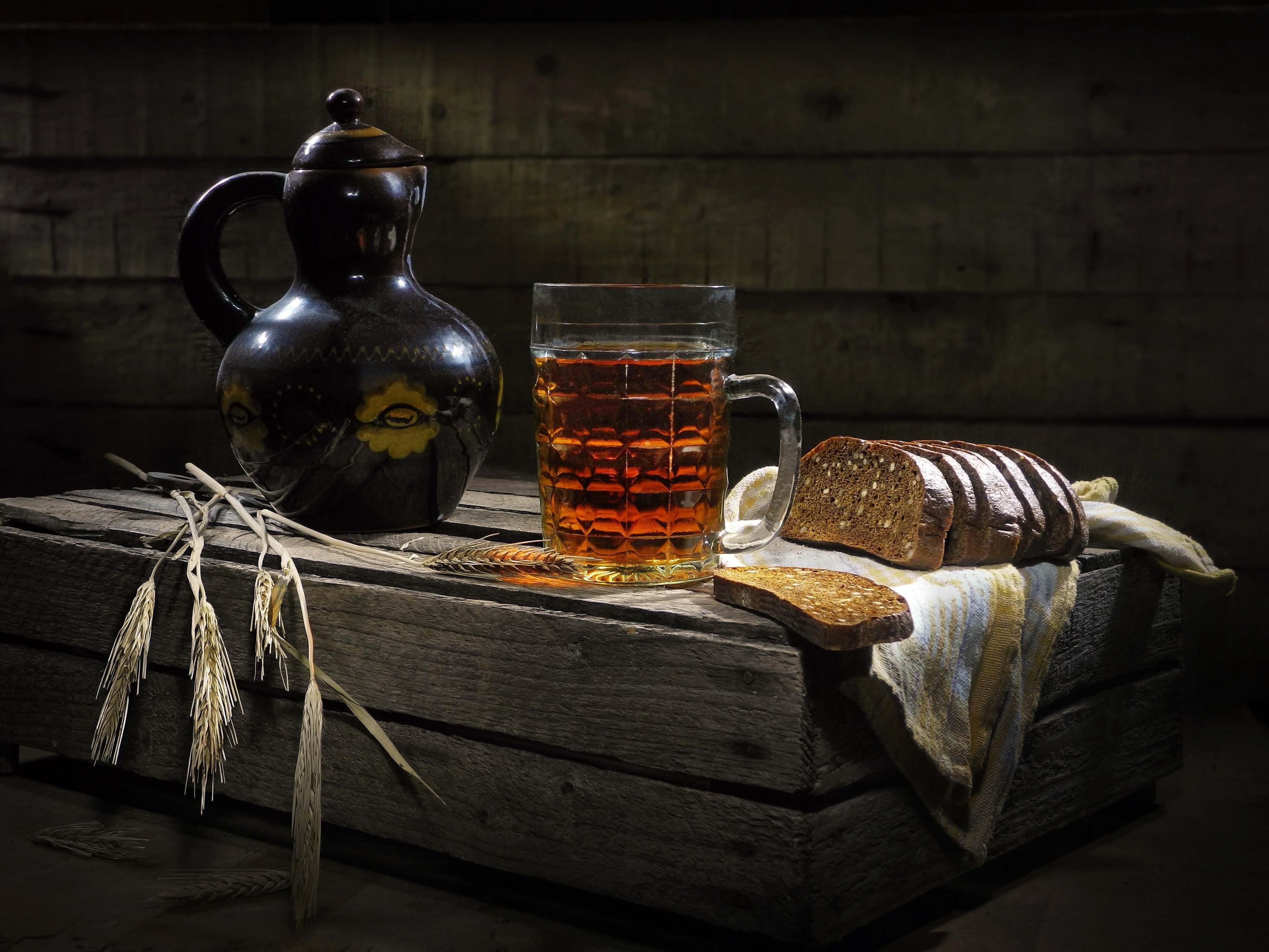Still life with beer, bread, and pitcher HD Wallpaper