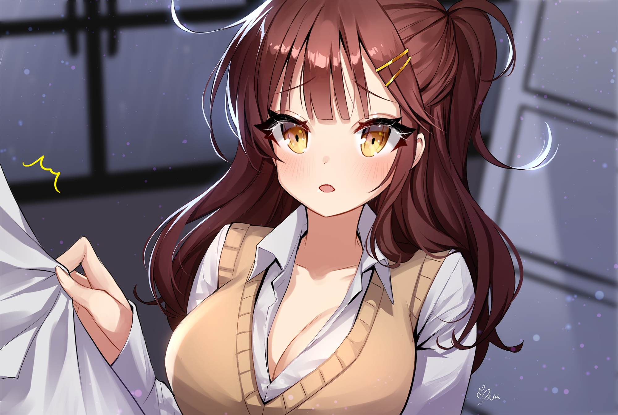 Anime girl with brown hair and yellow eyes in school uniform HD Wallpaper