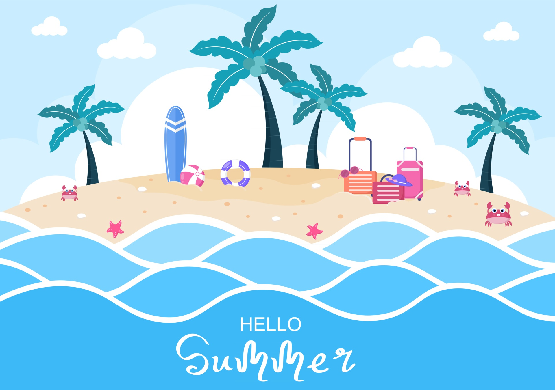 Hello Summer Tropical Island Beach Scene HD Wallpaper