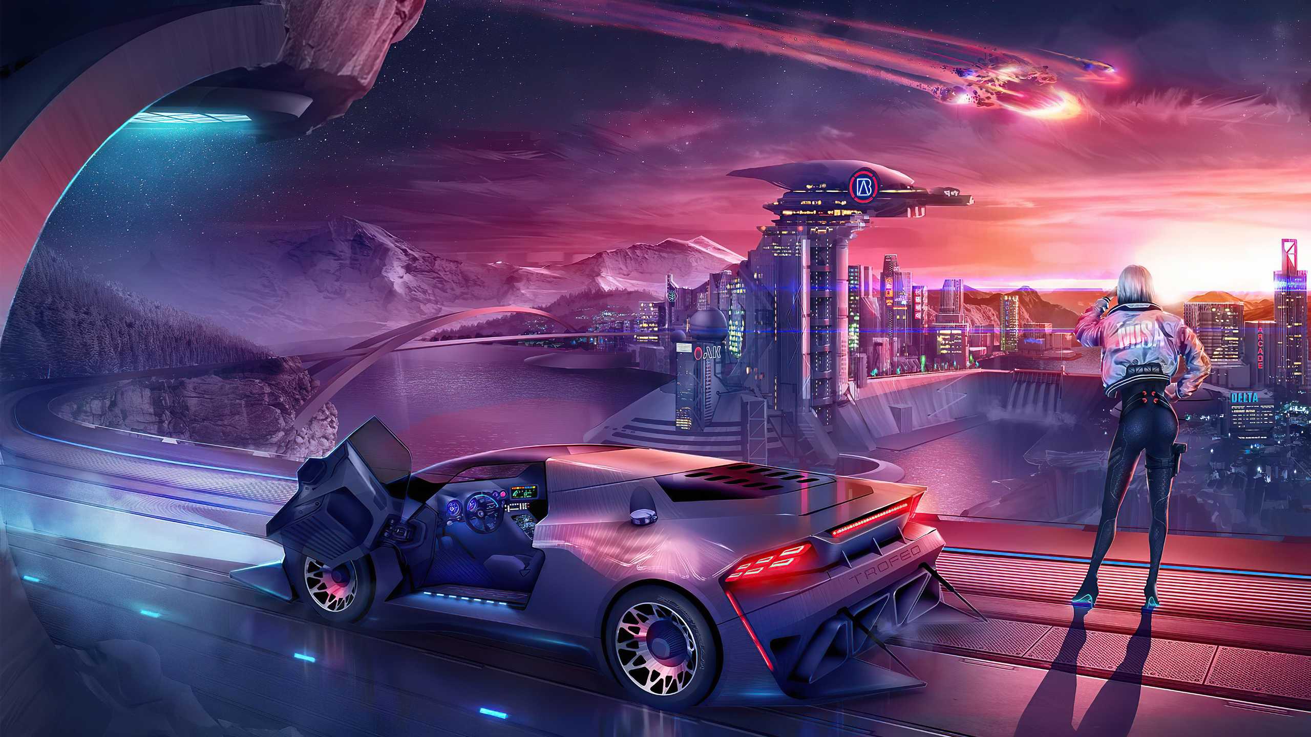 Cyberpunk city with futuristic car and woman HD Wallpaper