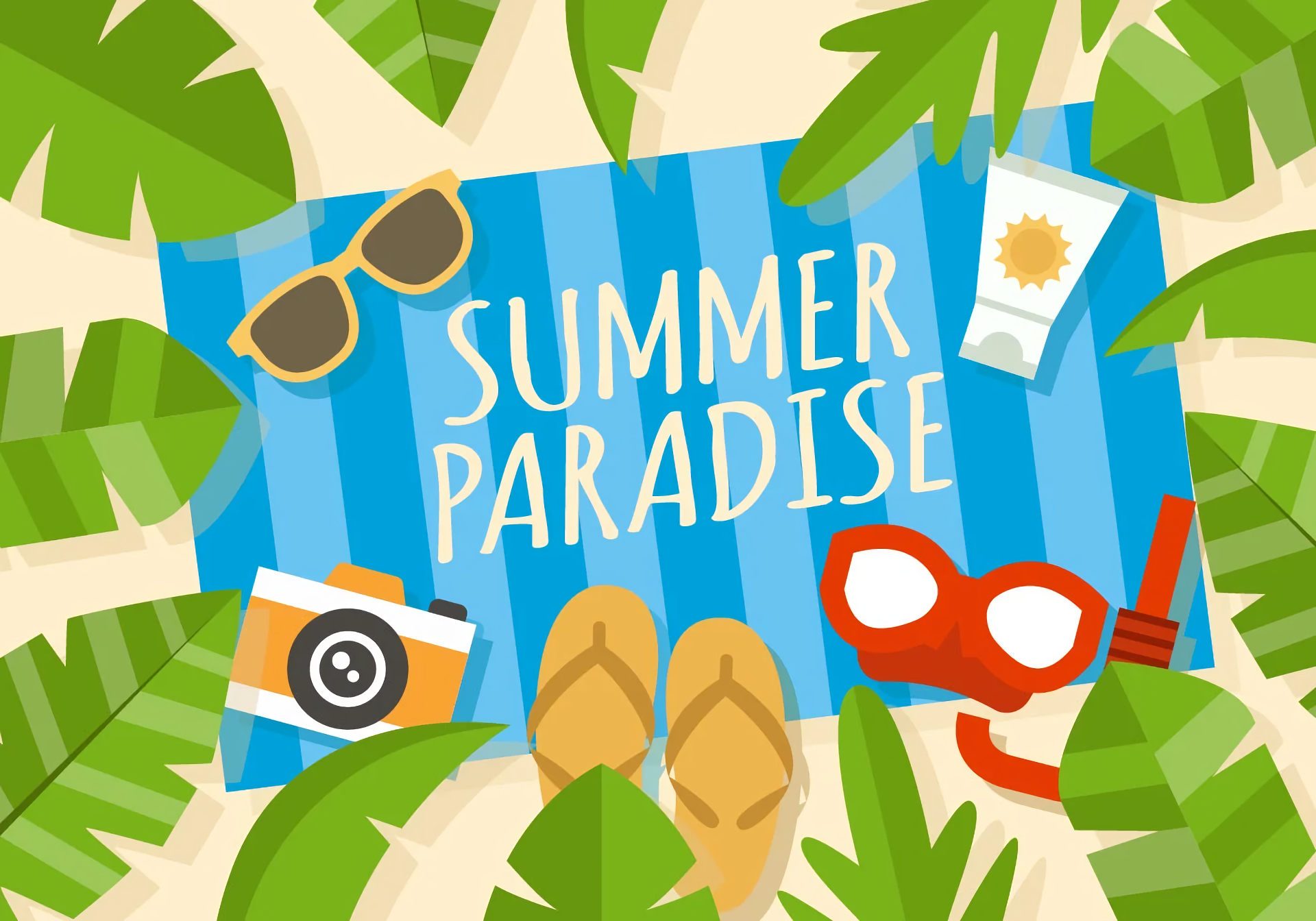 Summer Paradise Beach Scene with Accessories HD Wallpaper