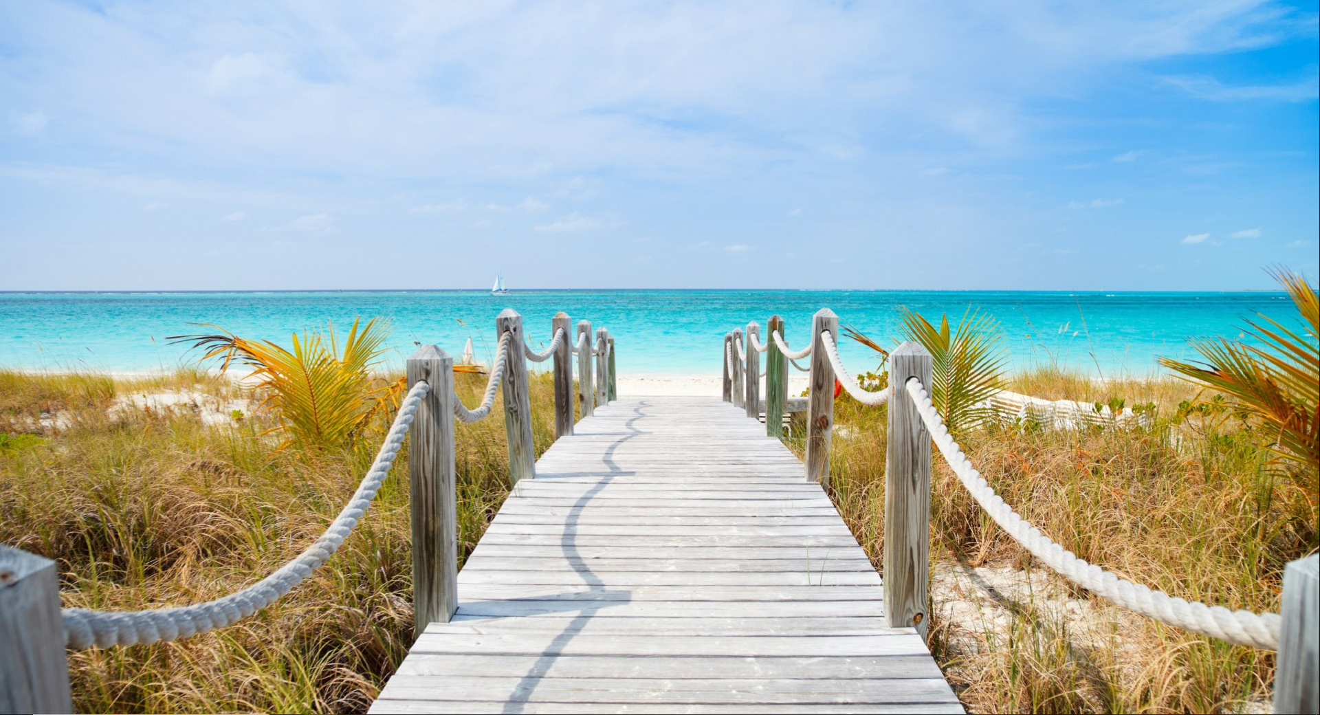 Wooden boardwalk leading to a tropical beach and turquoise sea HD Wallpaper
