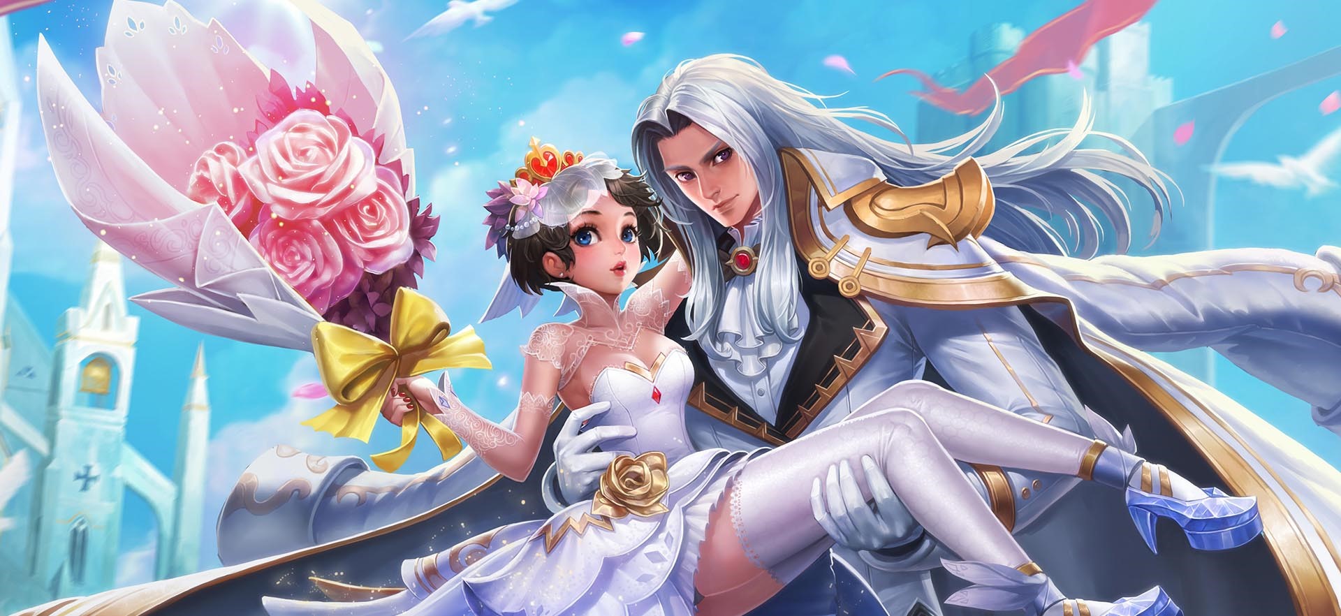 Anime Couple in Wedding Attire with Bouquet HD Wallpaper