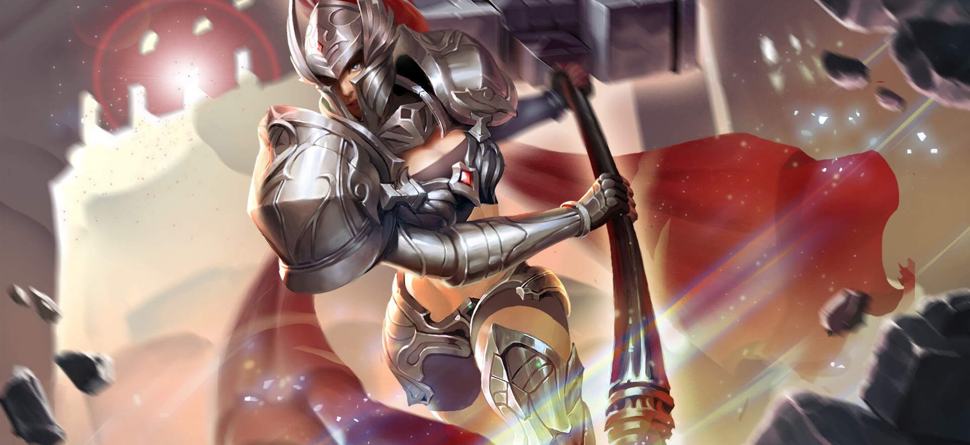 Fantasy warrior girl with hammer and red cape HD Wallpaper