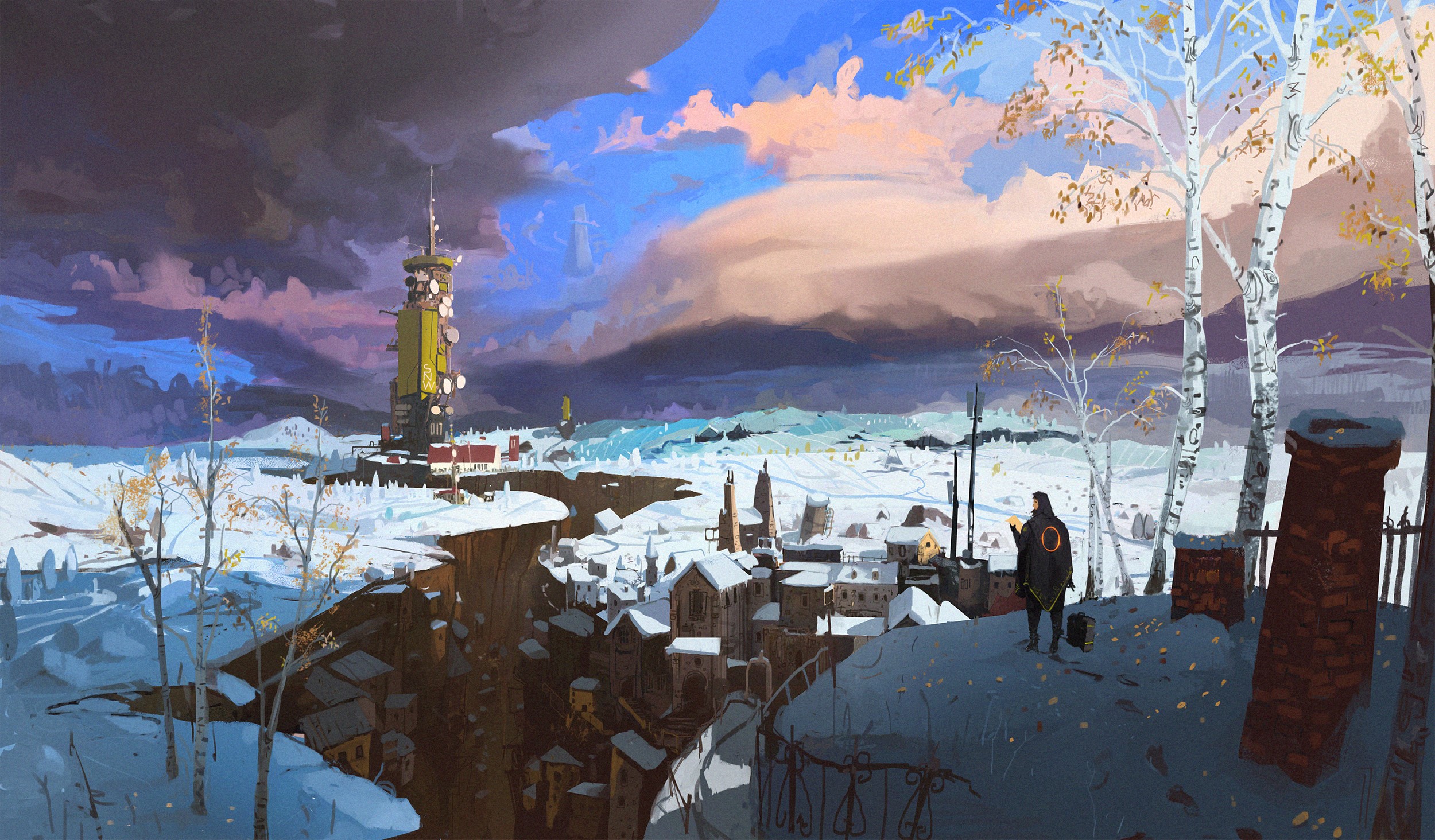 Winter landscape with a settlement and a radio tower HD Wallpaper