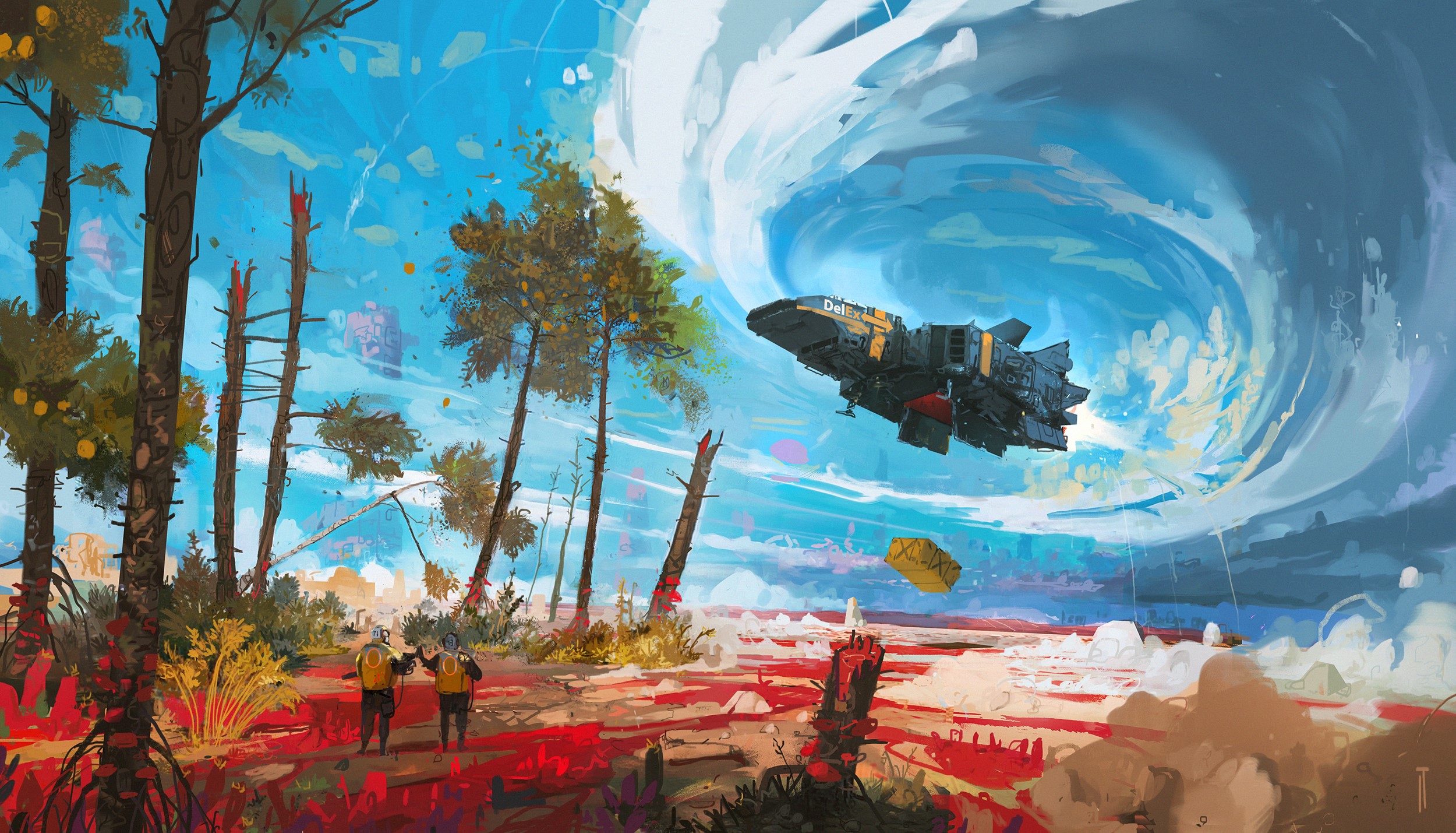 Futuristic spaceship delivering cargo in a strange landscape HD Wallpaper