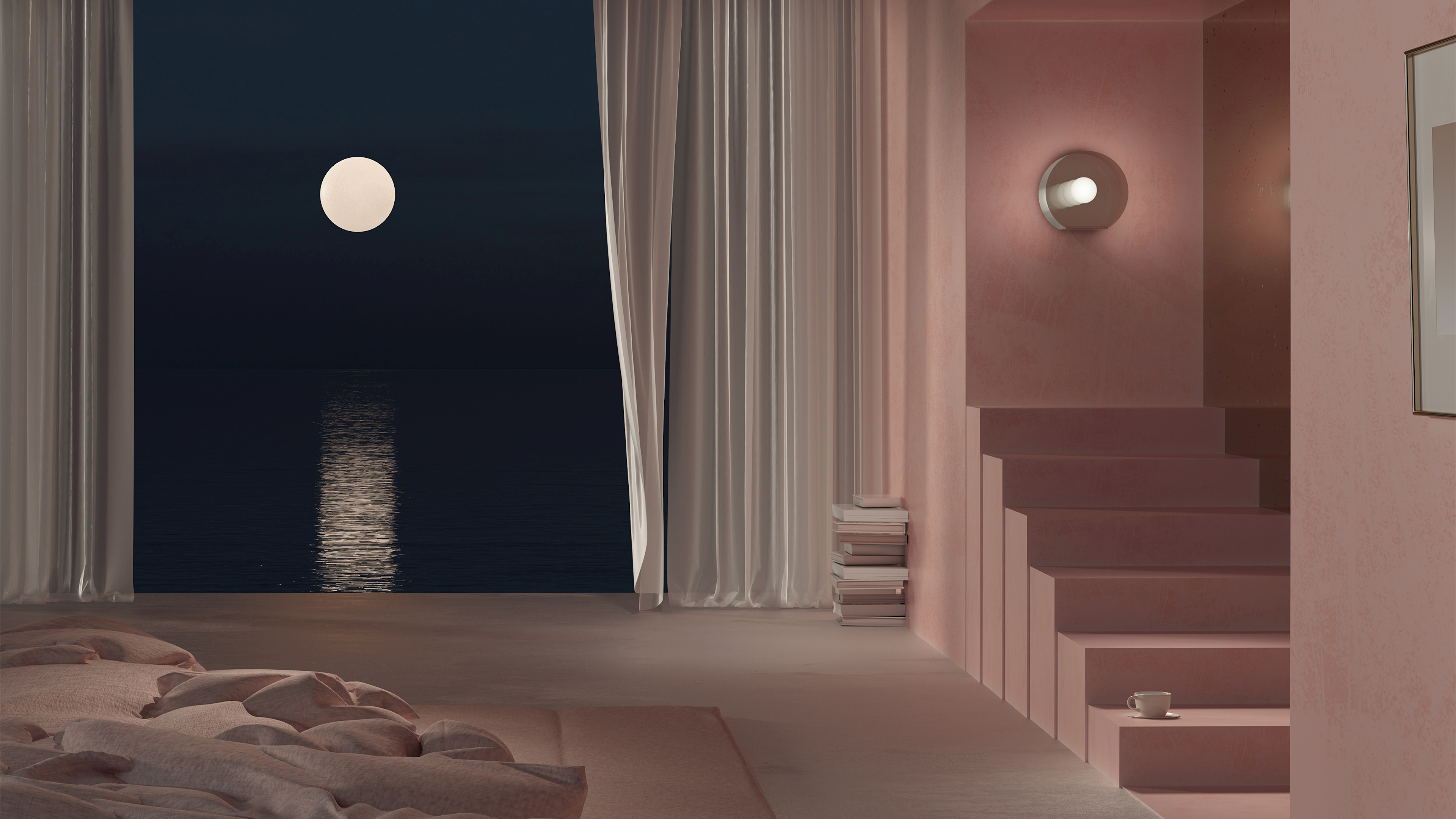 4K Moonlit Interior with Sea View HD Wallpaper