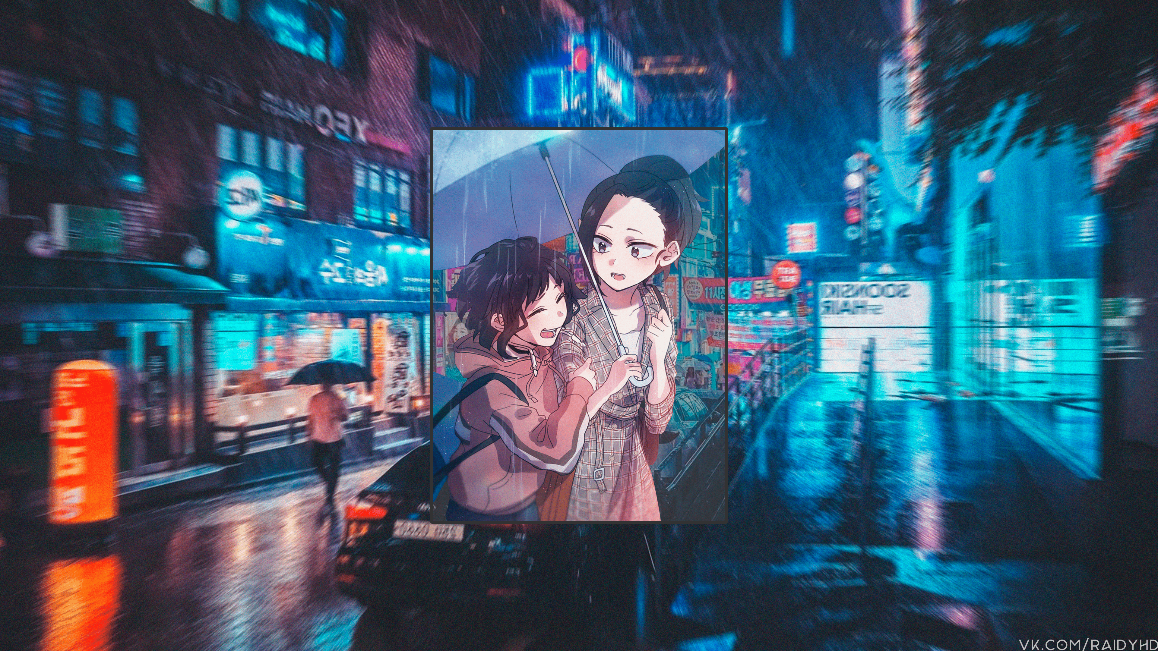 Anime girls under umbrella in rainy city HD Wallpaper