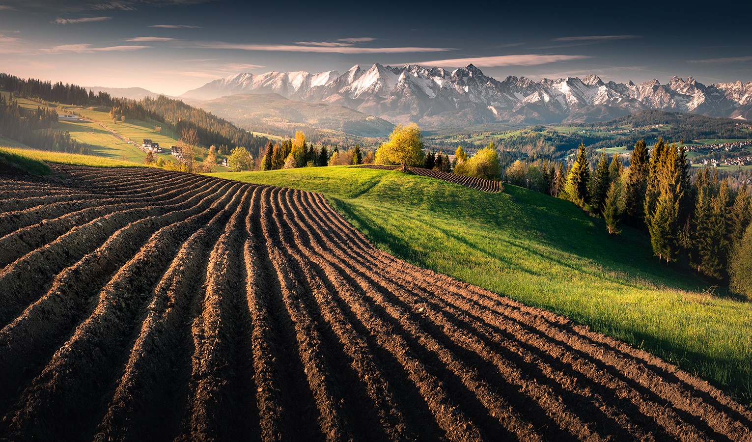 Tatra Mountains landscape with plowed fields at sunrise by Karol Nienartowicz HD Wallpaper