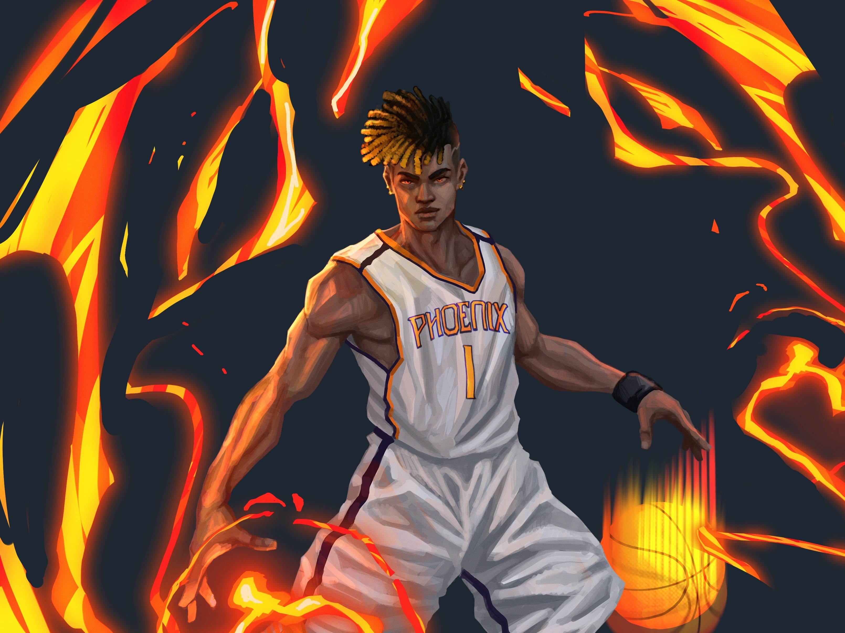 Phoenix from Valorant playing basketball with fire HD Wallpaper