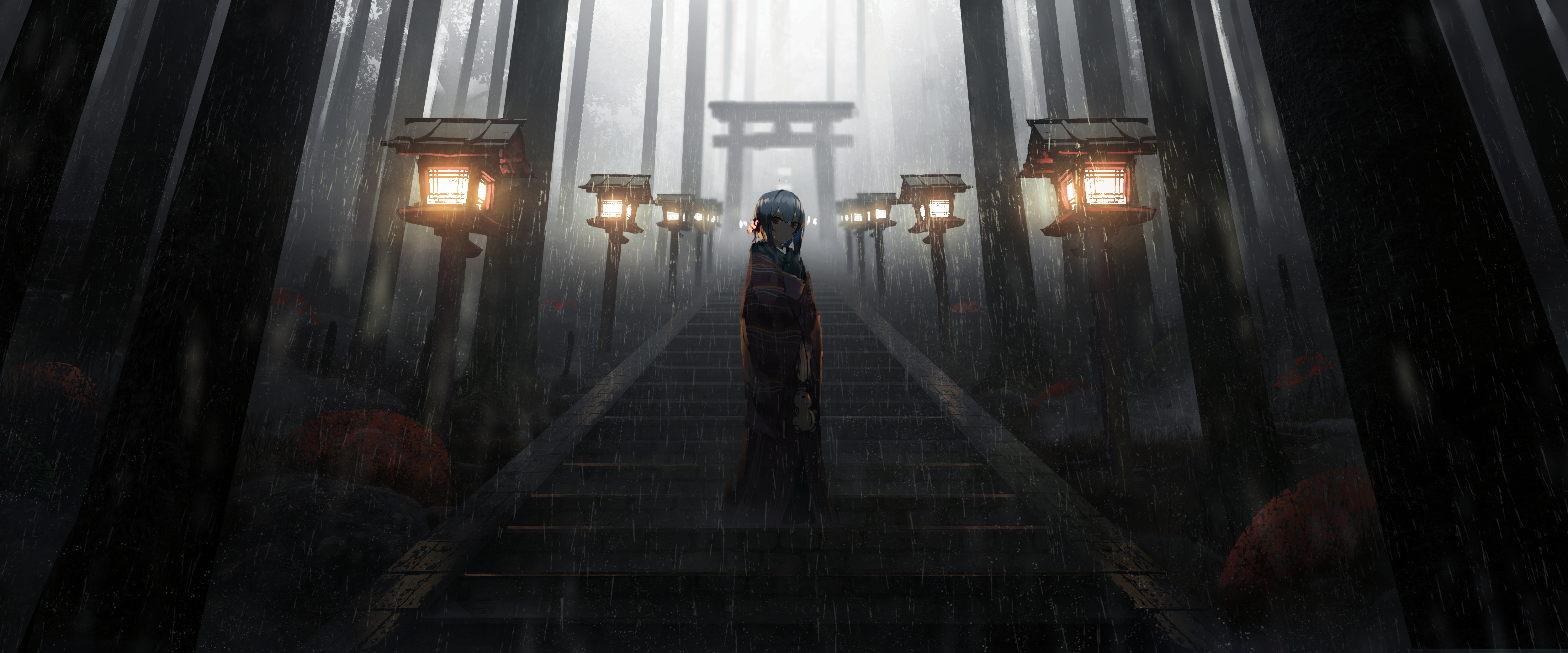 Anime girl in kimono on stairs with lanterns and torii gate HD Wallpaper