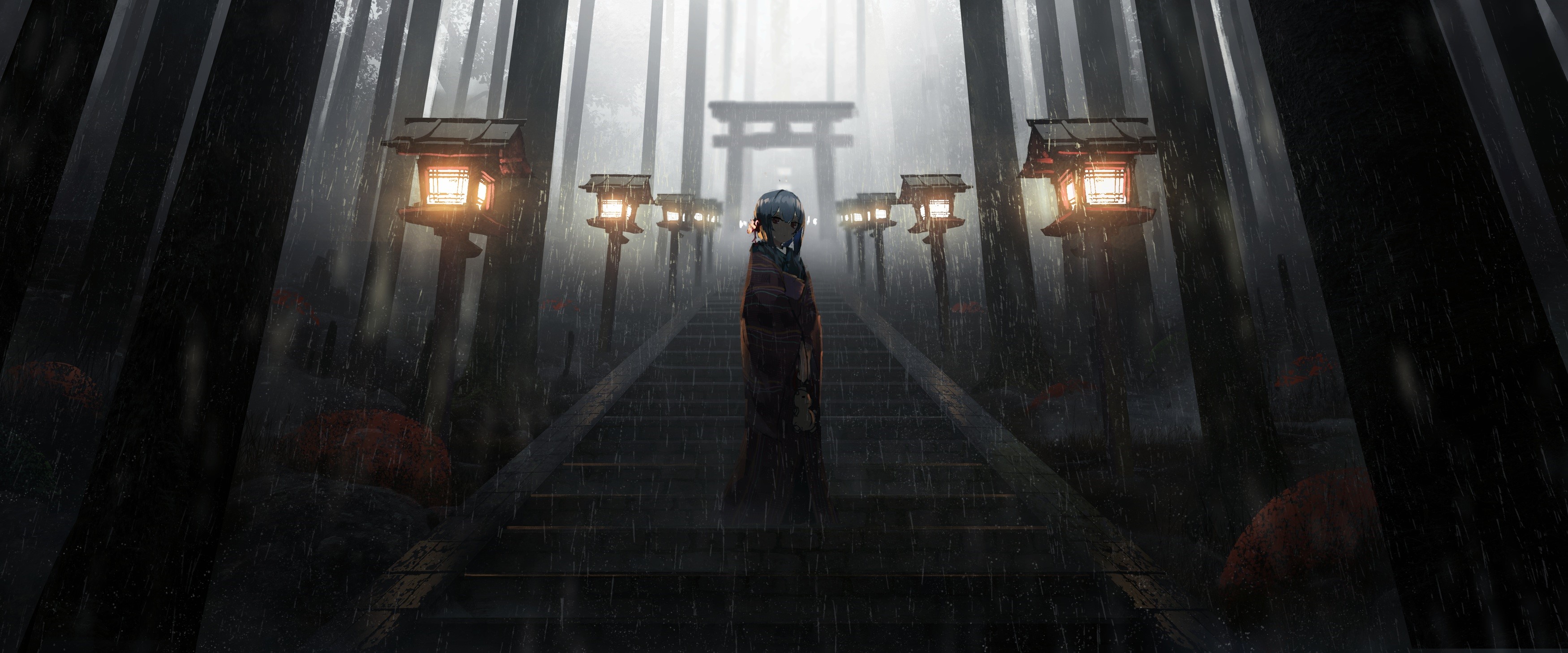 Fantasy girl in kimono on stairs with lanterns and torii gate HD Wallpaper