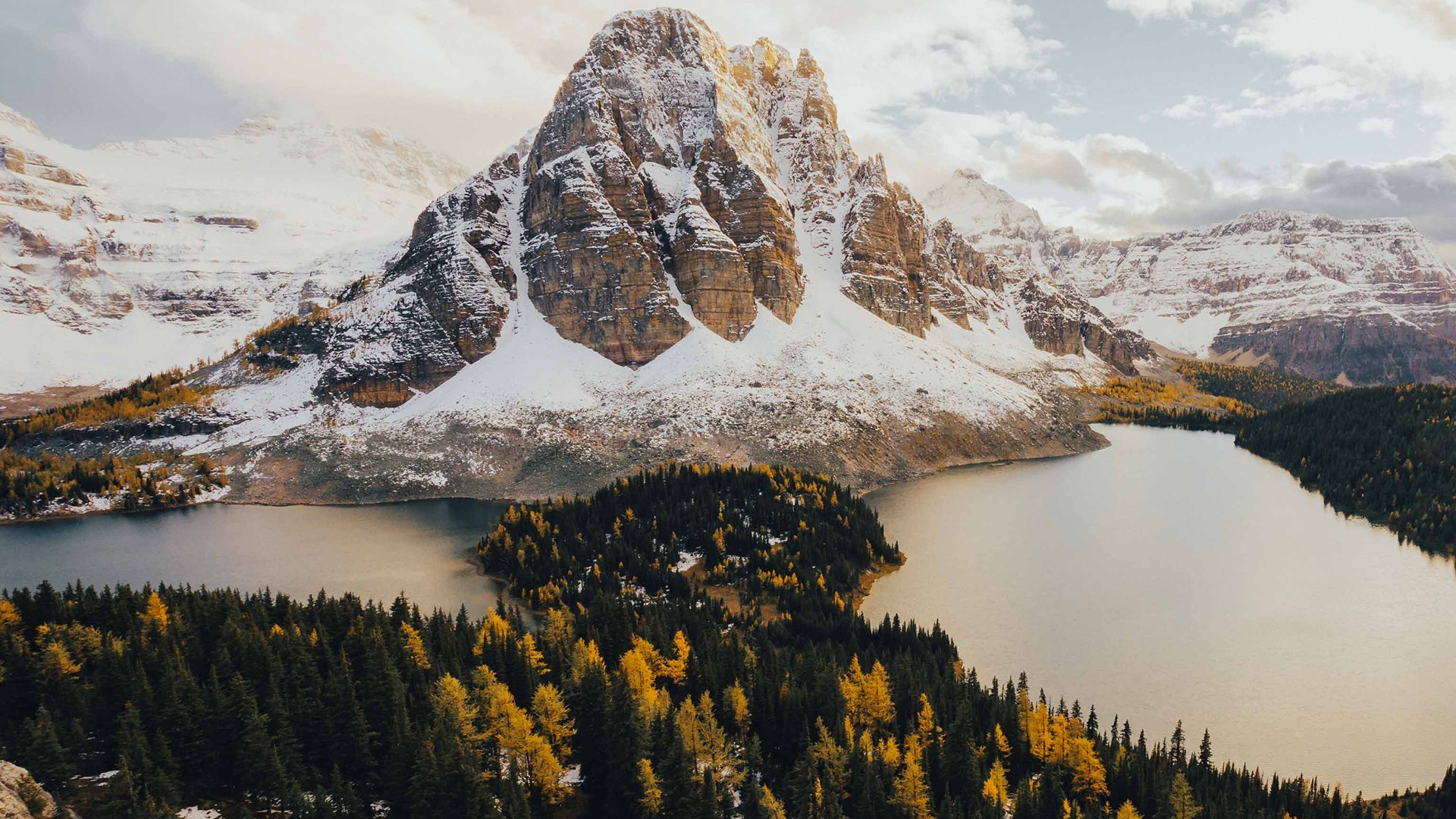 Mount Assiniboine with snow and lake in Canada HD Wallpaper