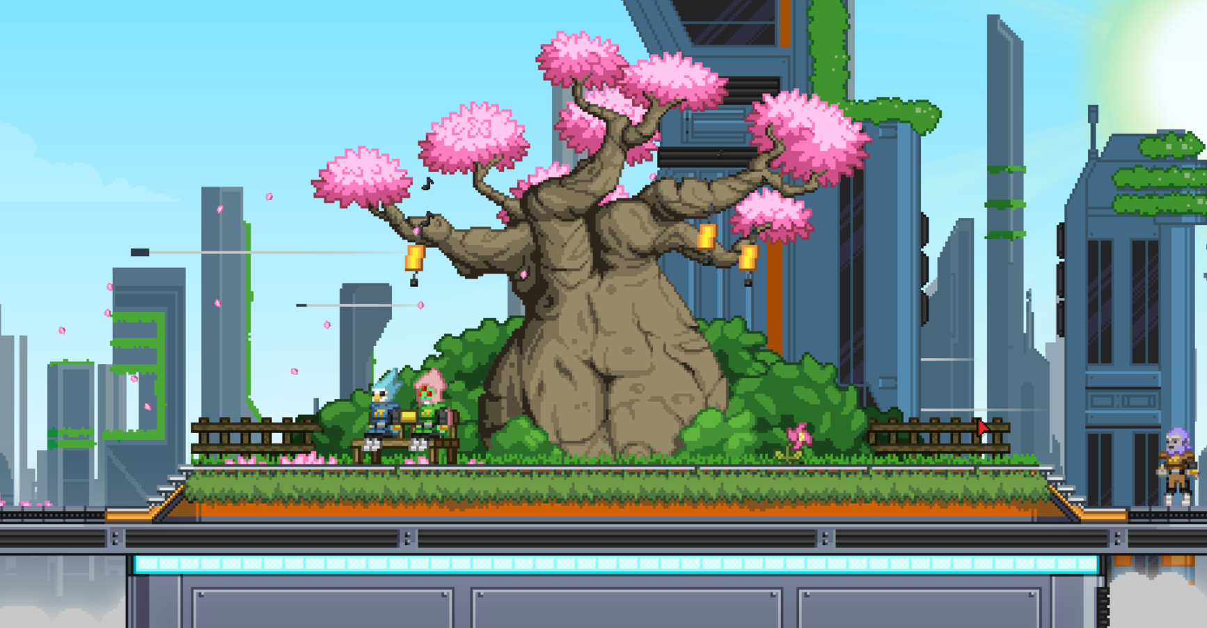 Starbound pixel art with cherry blossom tree and futuristic city HD Wallpaper