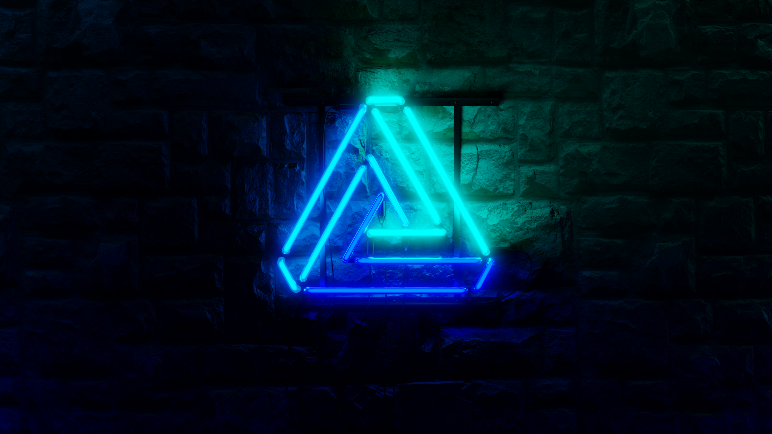 Neon Penrose triangle on brick wall HD Wallpaper