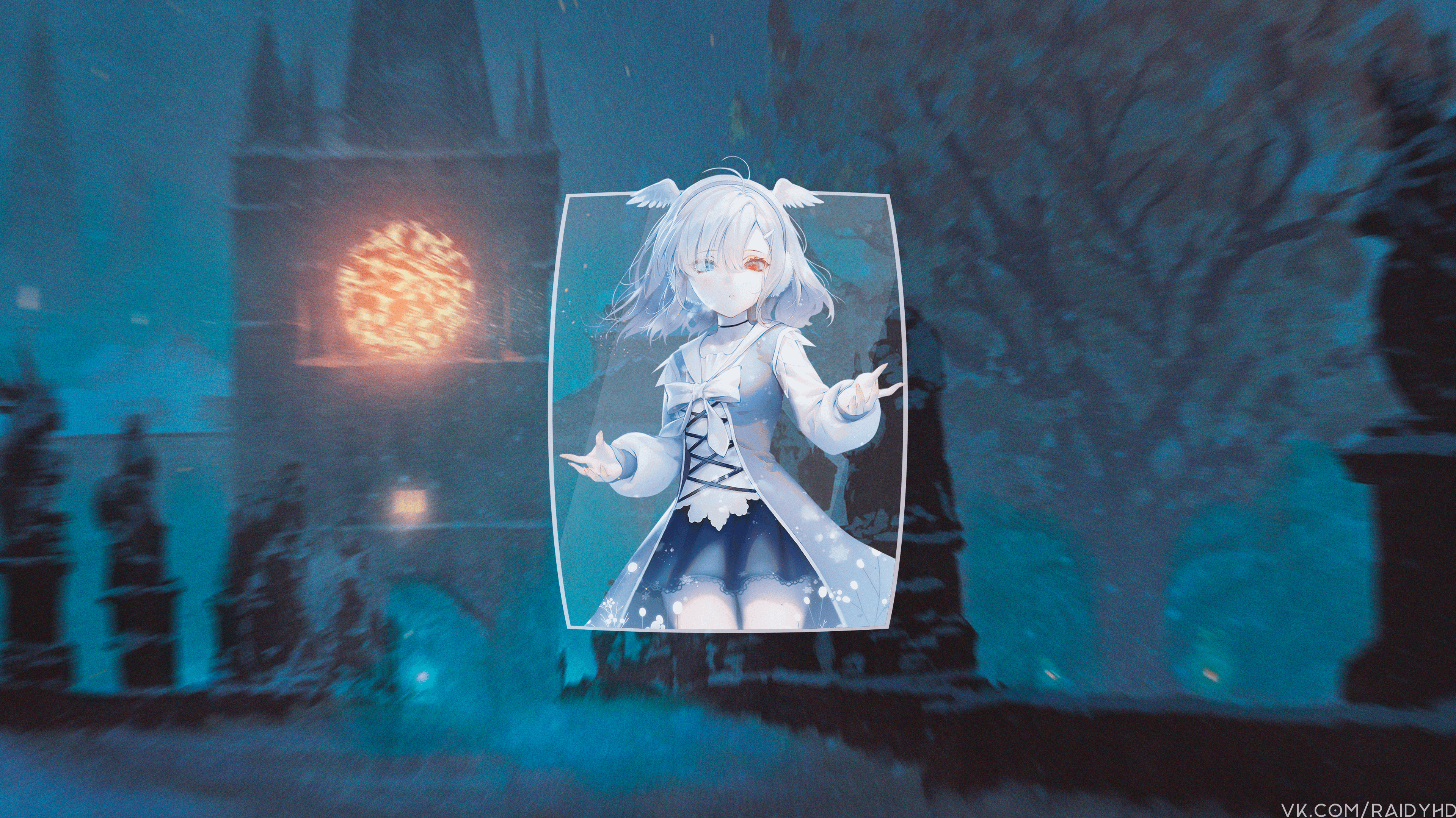 Anime girl in a snow-covered castle HD Wallpaper