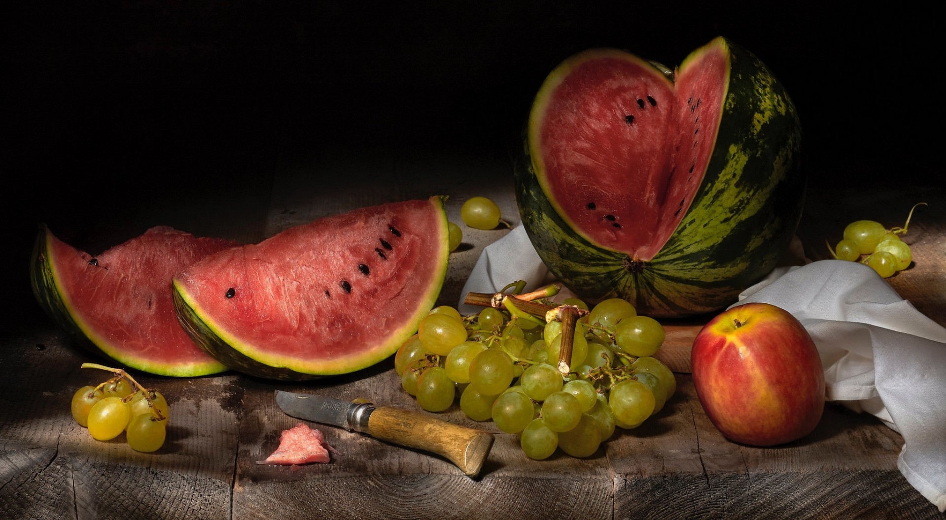 Still life with watermelon, grapes, and apple HD Wallpaper