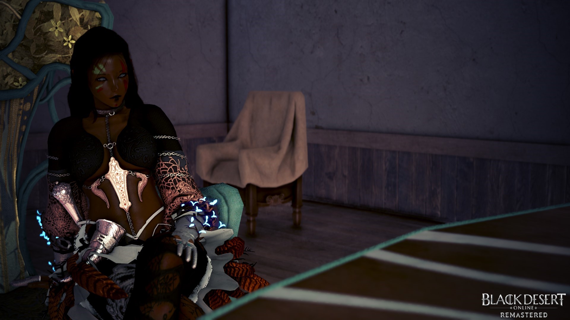 Woman in Black Desert Online armor sitting indoors HD Wallpaper