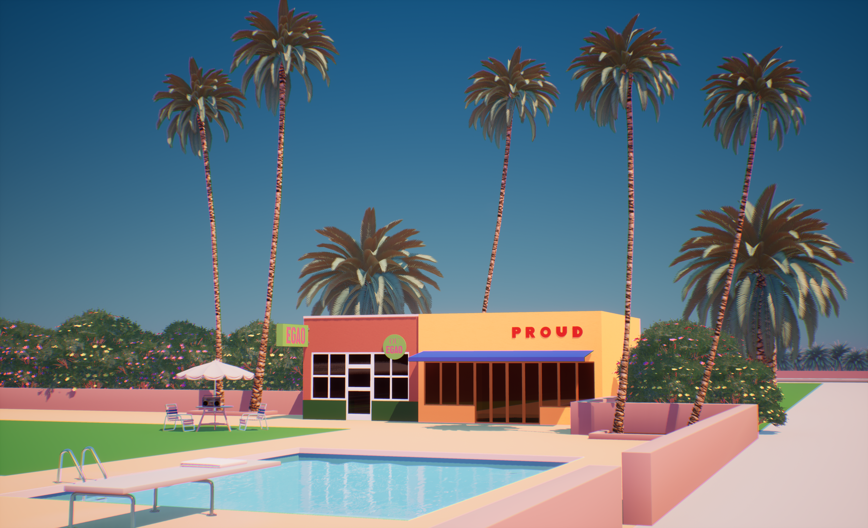 Vaporwave scene with palm trees and swimming pool HD Wallpaper