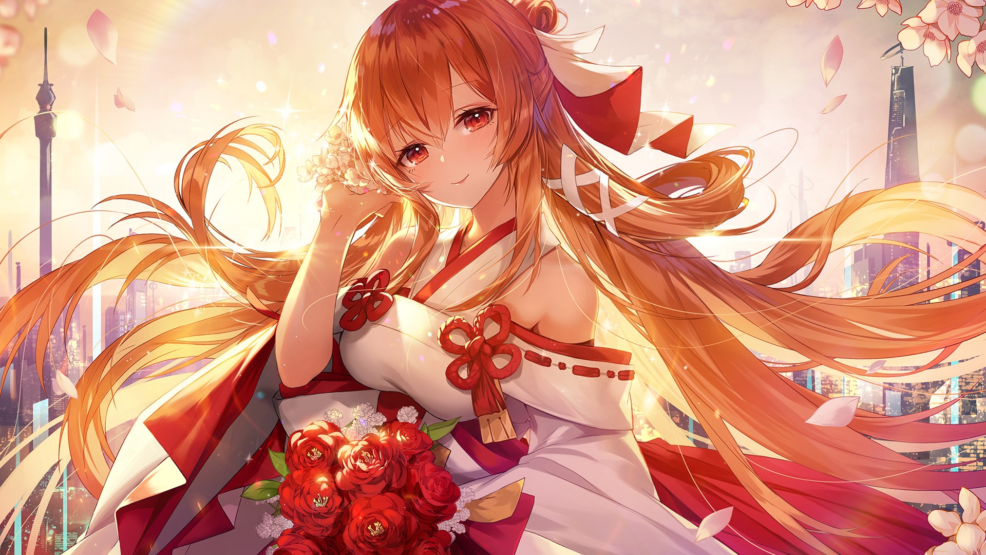 Anime girl with red hair and flowers in kimono HD Wallpaper