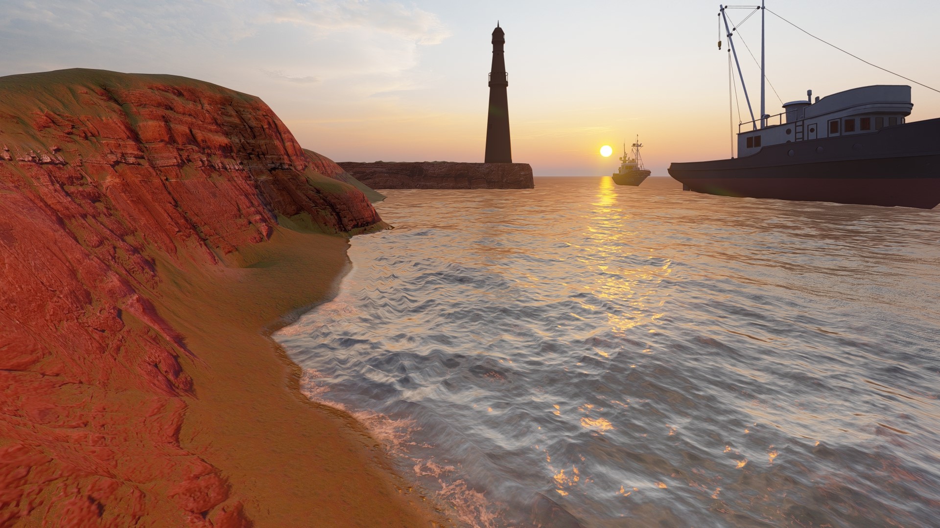 Ships and lighthouse at sunset HD Wallpaper
