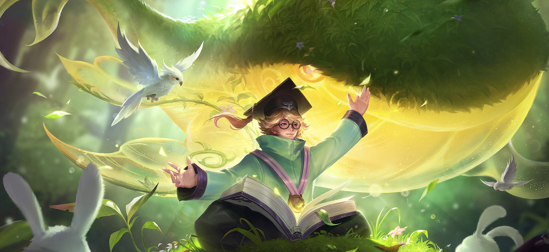 Anime character in graduation attire with book and birds HD Wallpaper