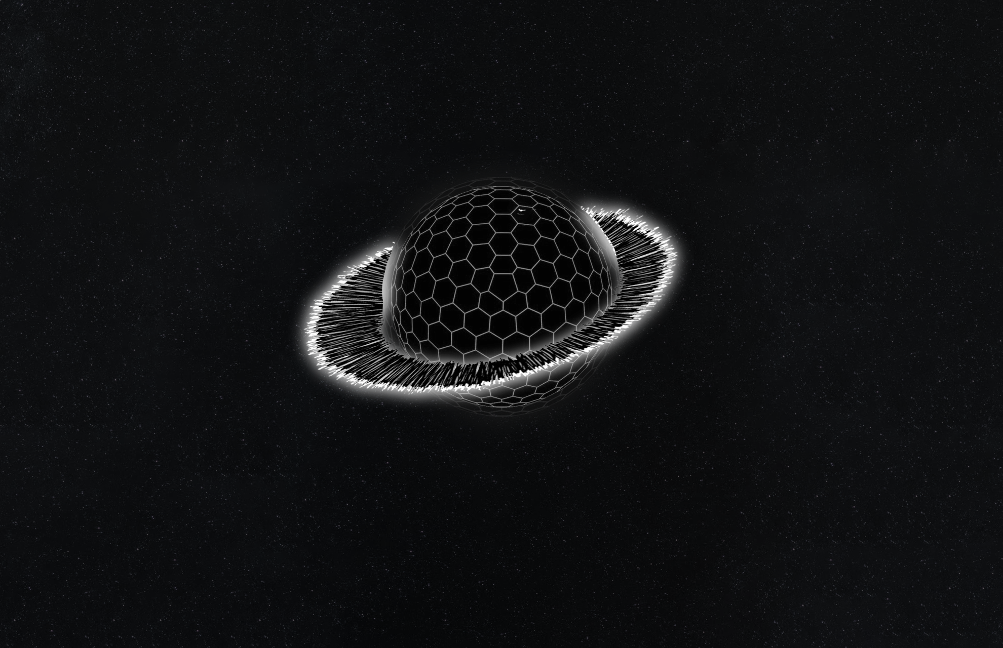 Monochrome planet with hexagonal rings in space HD Wallpaper