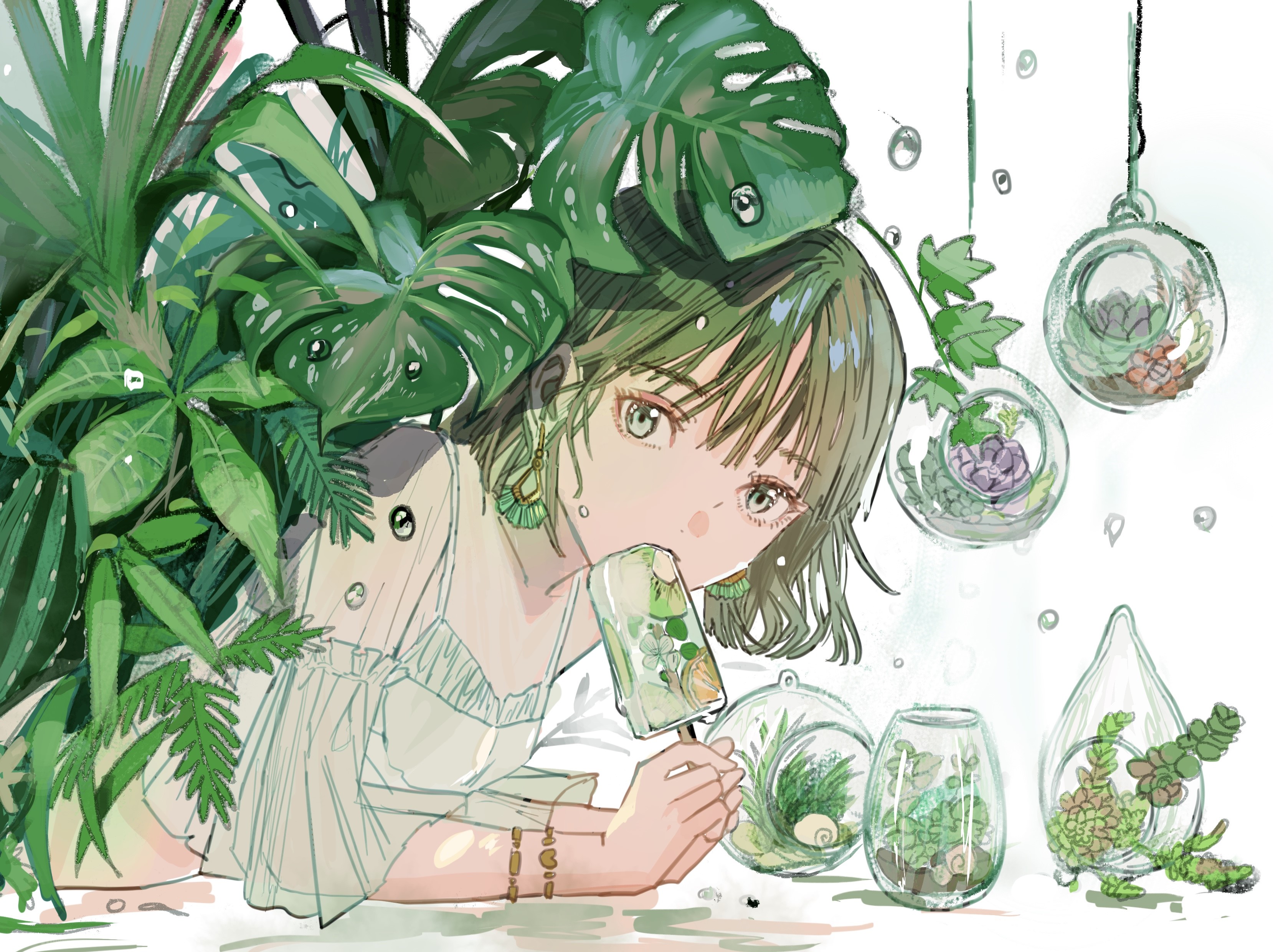 Anime girl with ice cream surrounded by plants HD Wallpaper