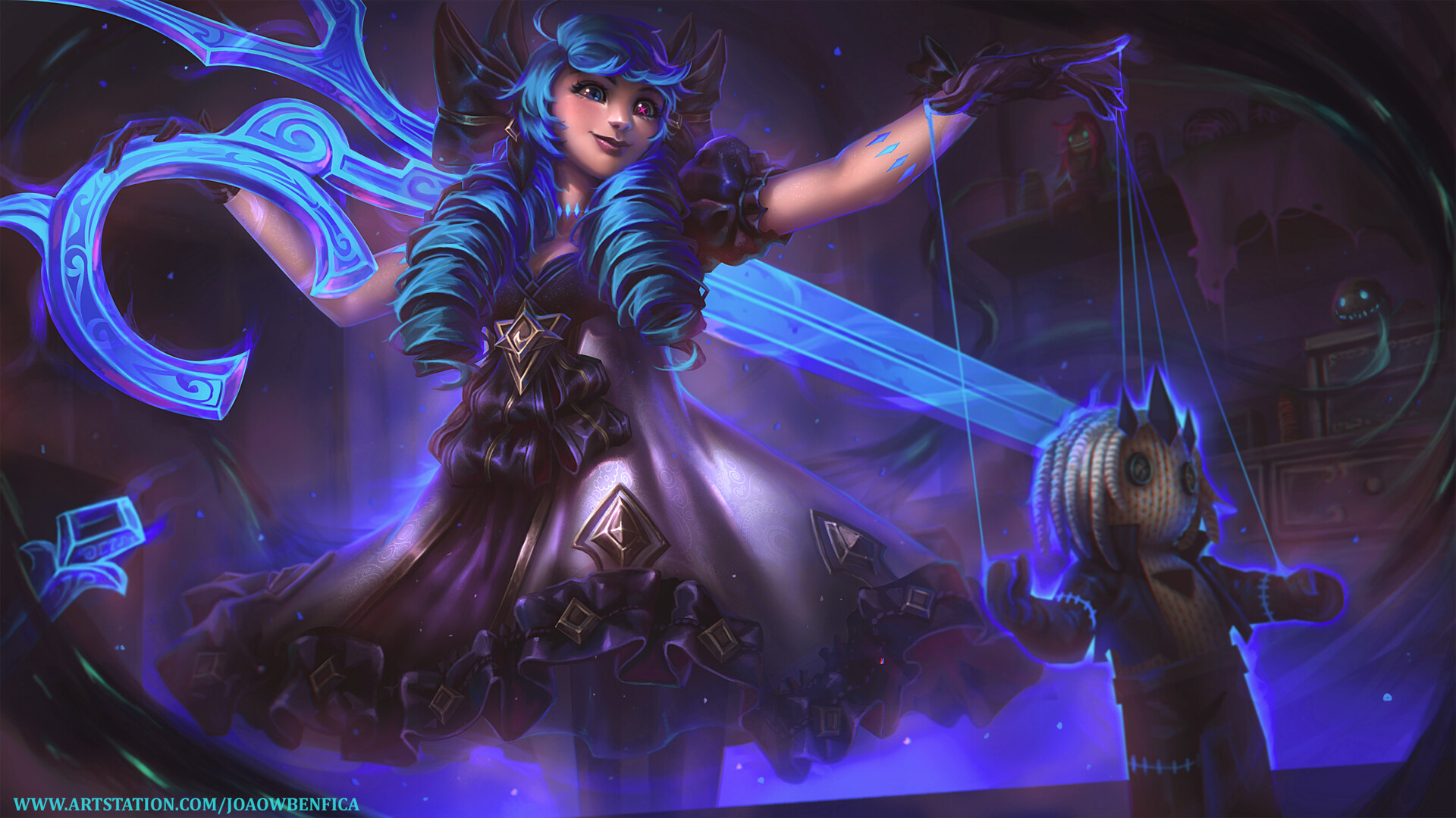 Gwen controlling a puppet with glowing scissors HD Wallpaper