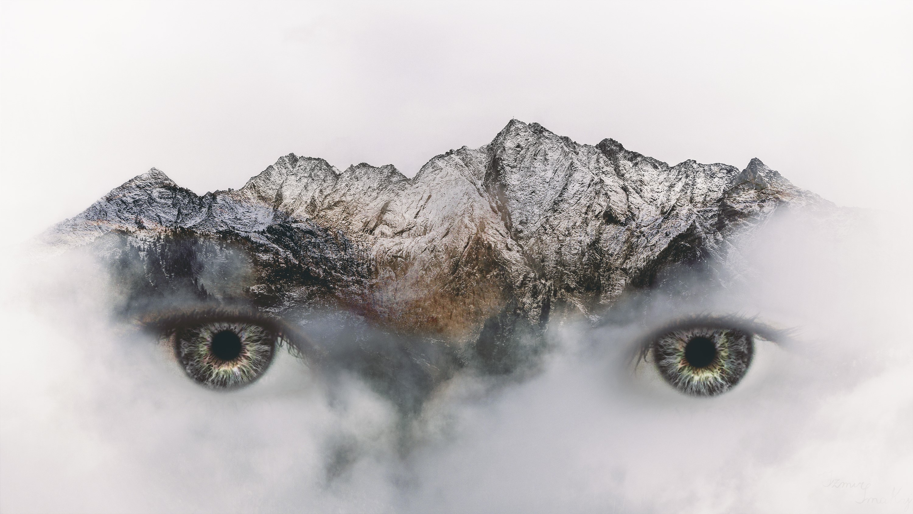 Double exposure of eyes and snowy mountains HD Wallpaper
