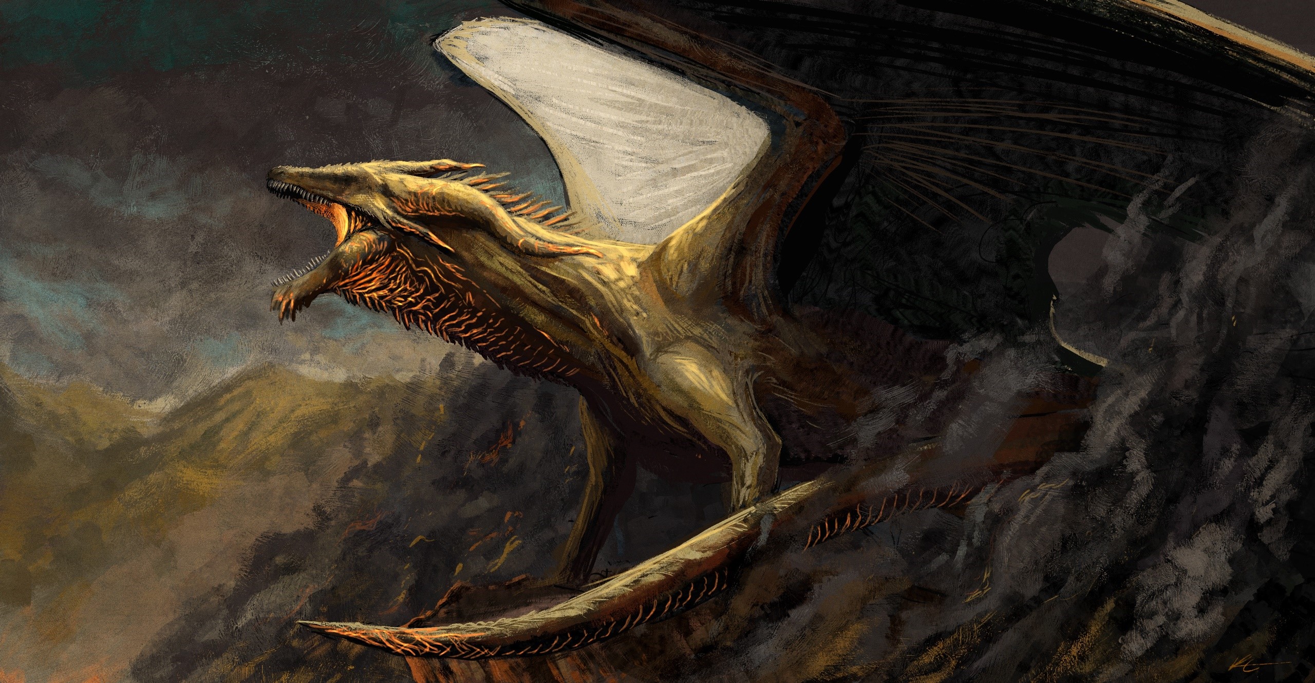 A golden dragon roars amidst smoke and mountains HD Wallpaper