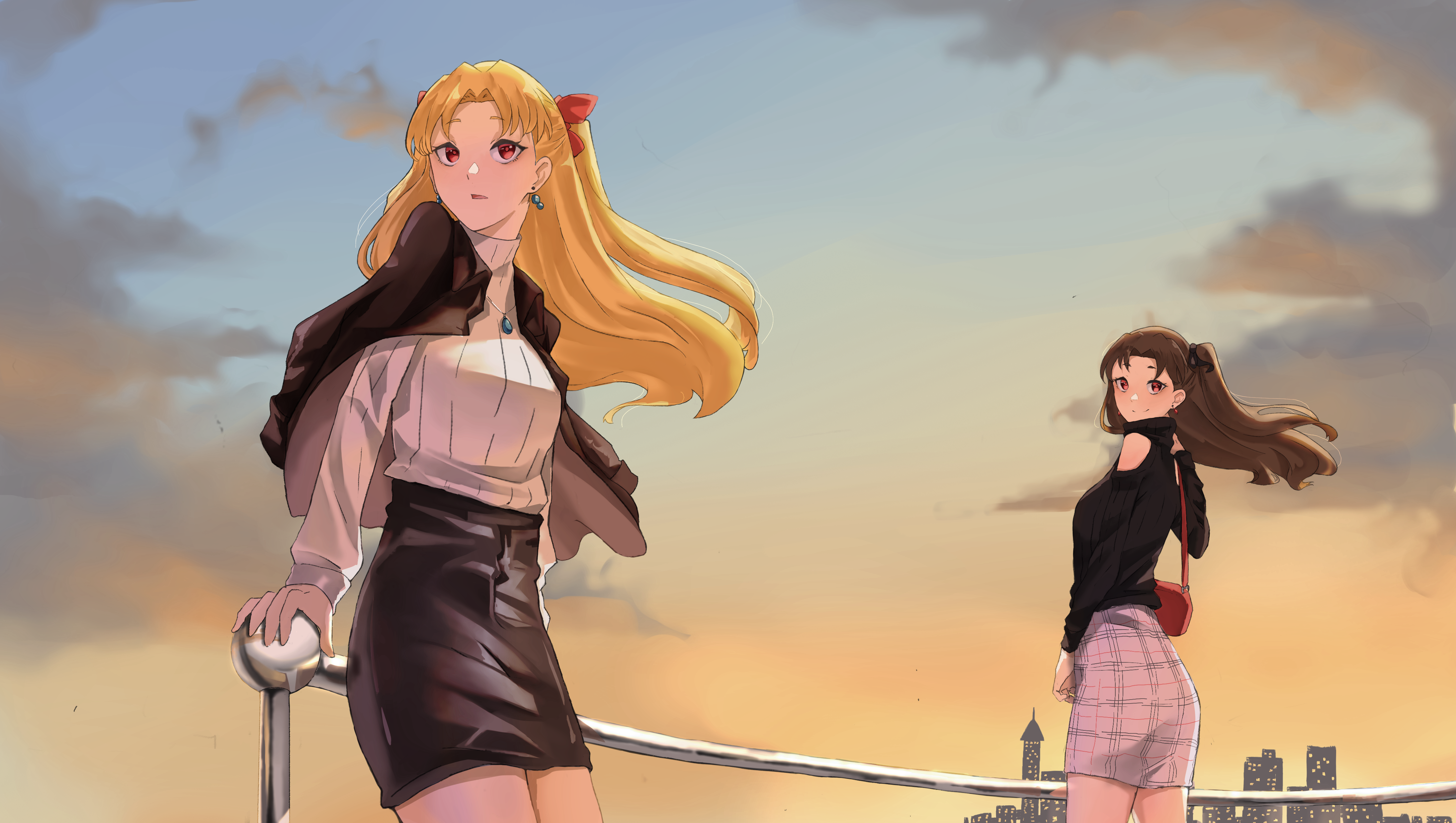 Two anime girls at sunset HD Wallpaper