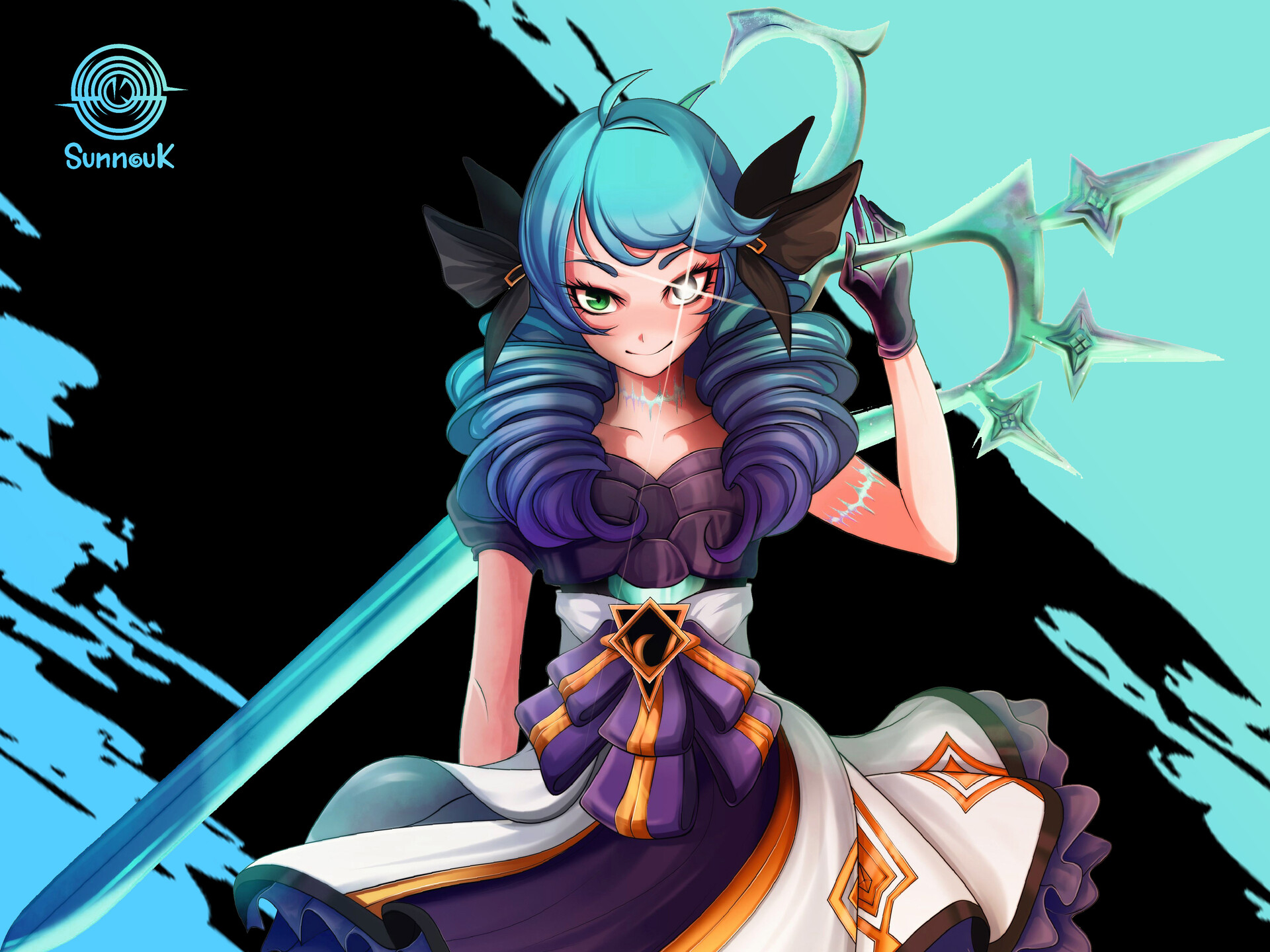 Gwen from League of Legends with blue hair and scissors HD Wallpaper