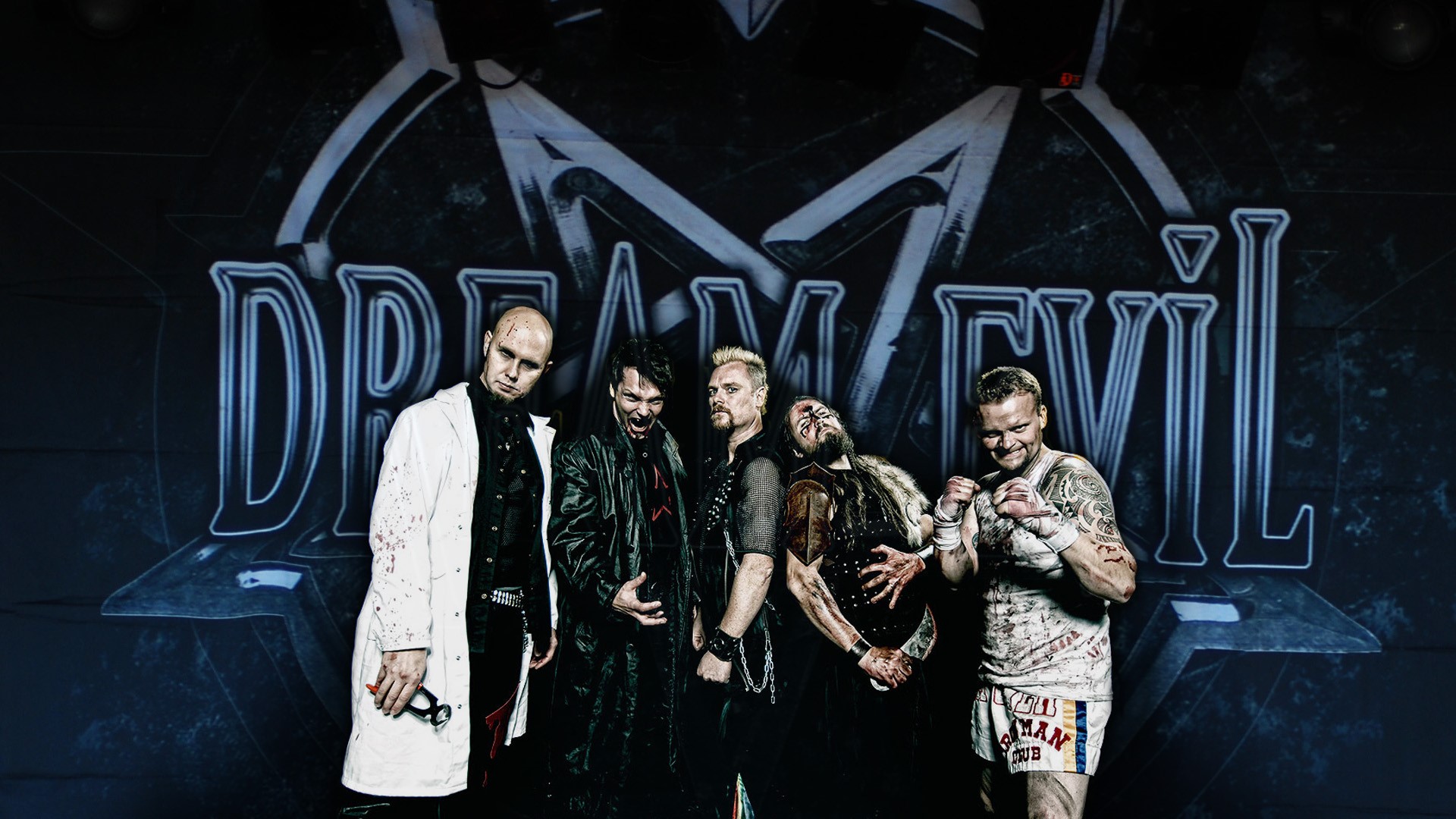 Dream Evil band members posing in front of logo HD Wallpaper