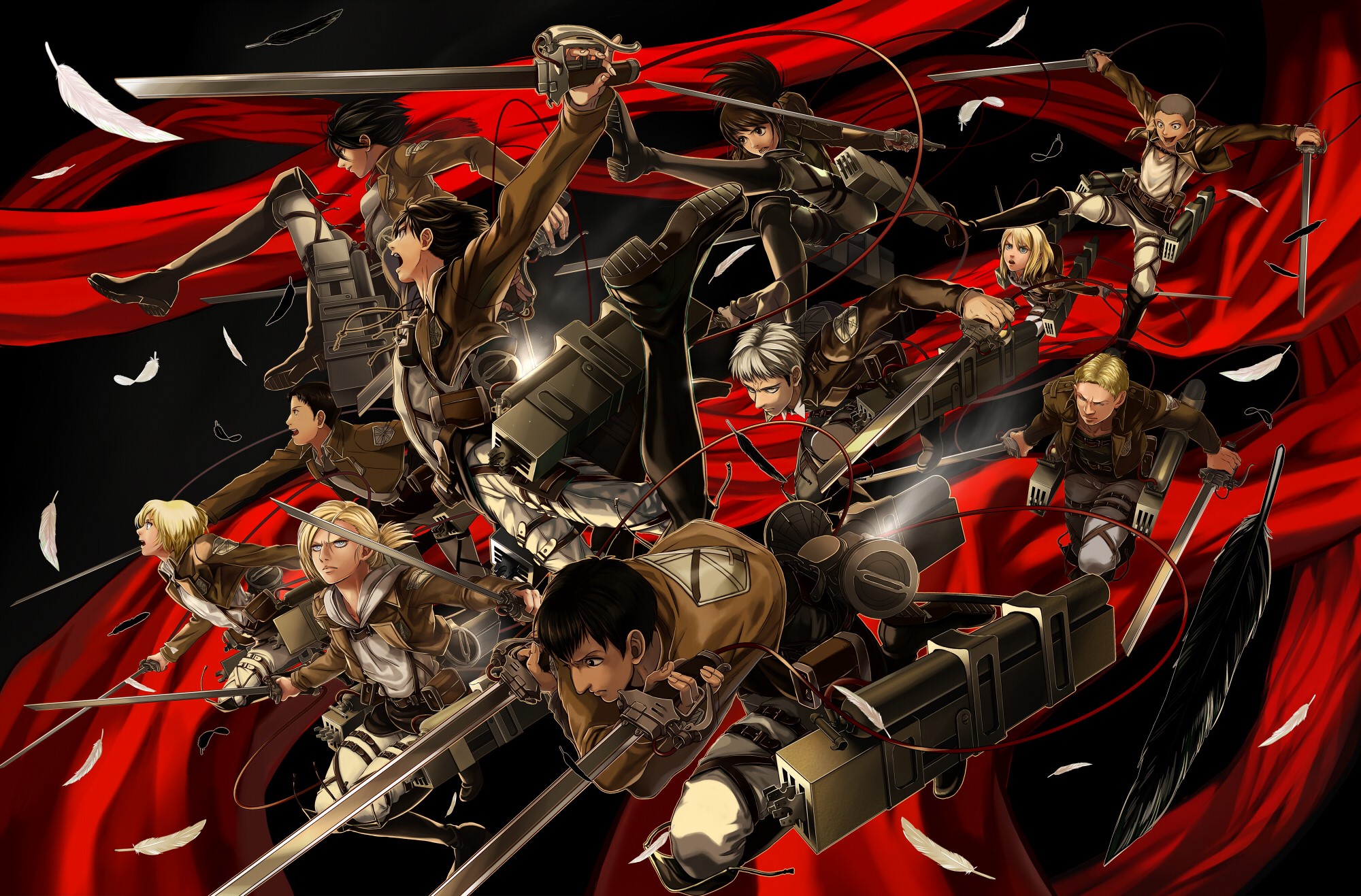 Attack on Titan characters with ODM gear and swords HD Wallpaper