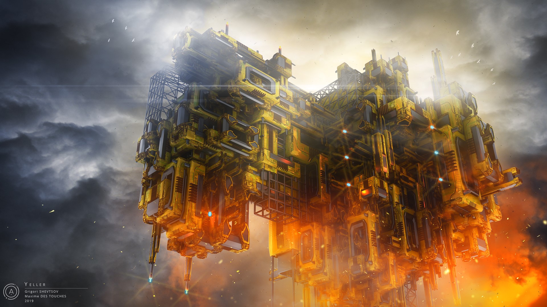 Yeller science fiction building with fire and birds HD Wallpaper
